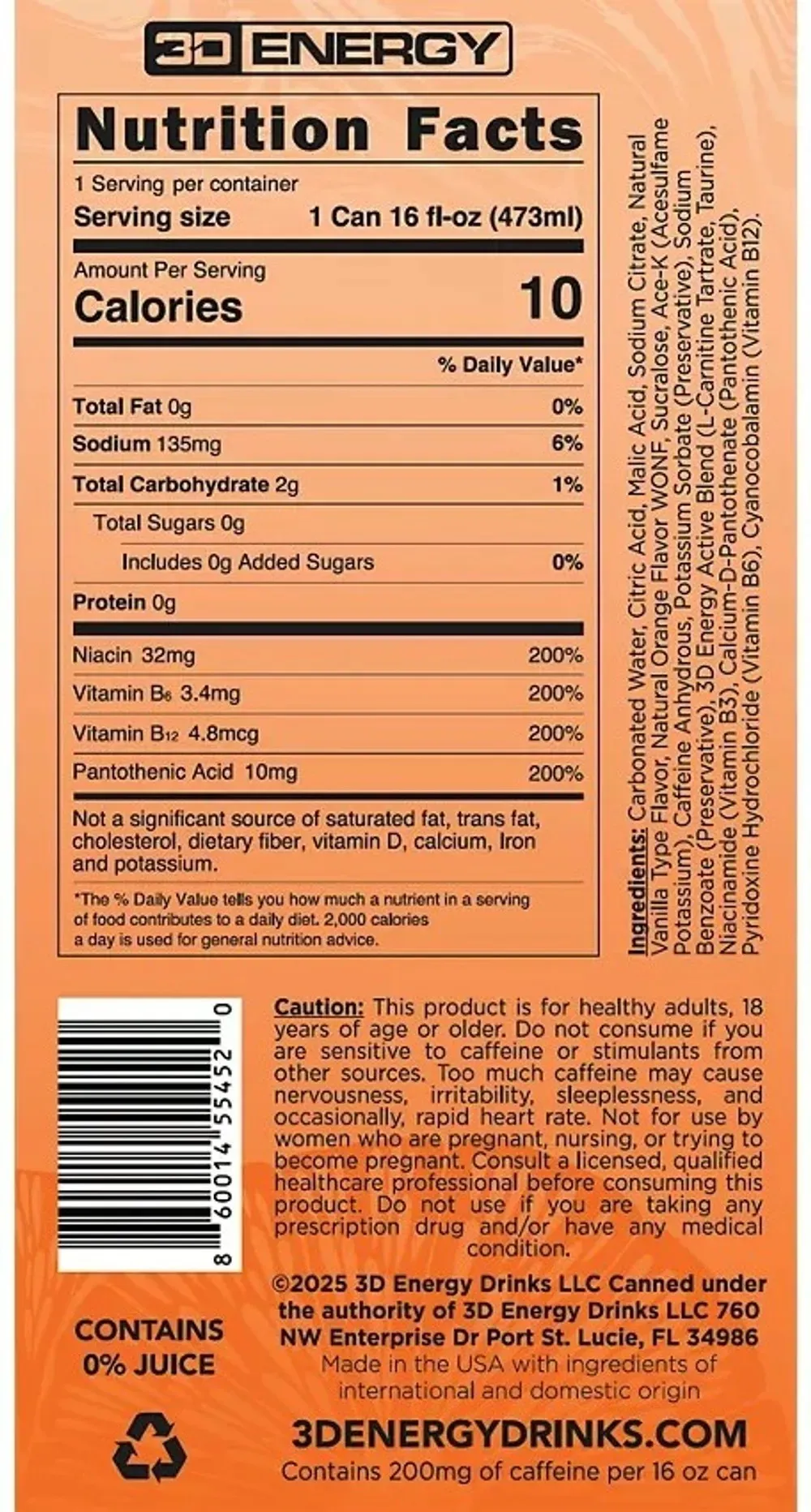 3D Energy Drink Orange Cream ingredient and nutrition label