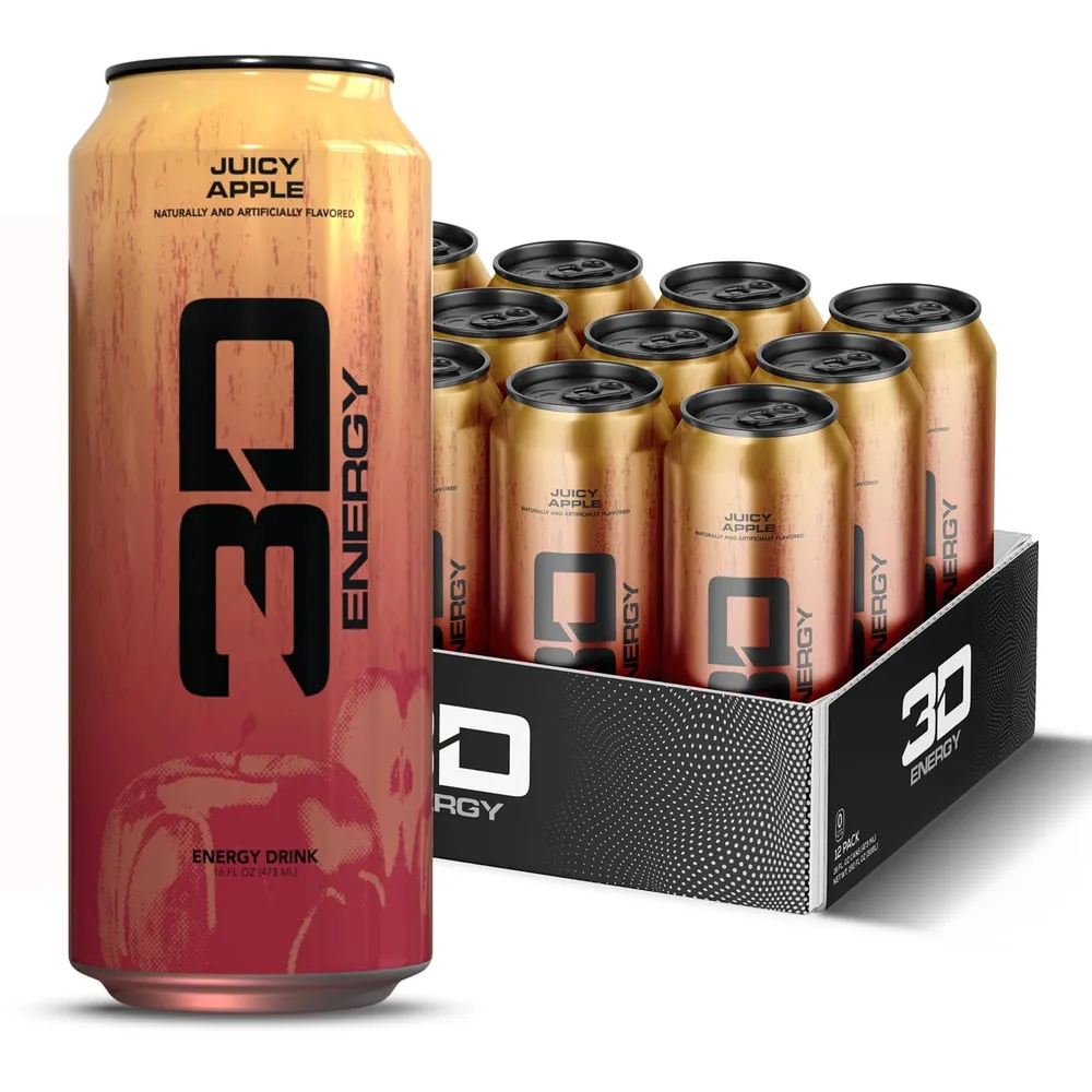 A 16 fl oz can of 3D Energy Juicy Apple in front of an open 12-pack tray of Juicy Apple cans