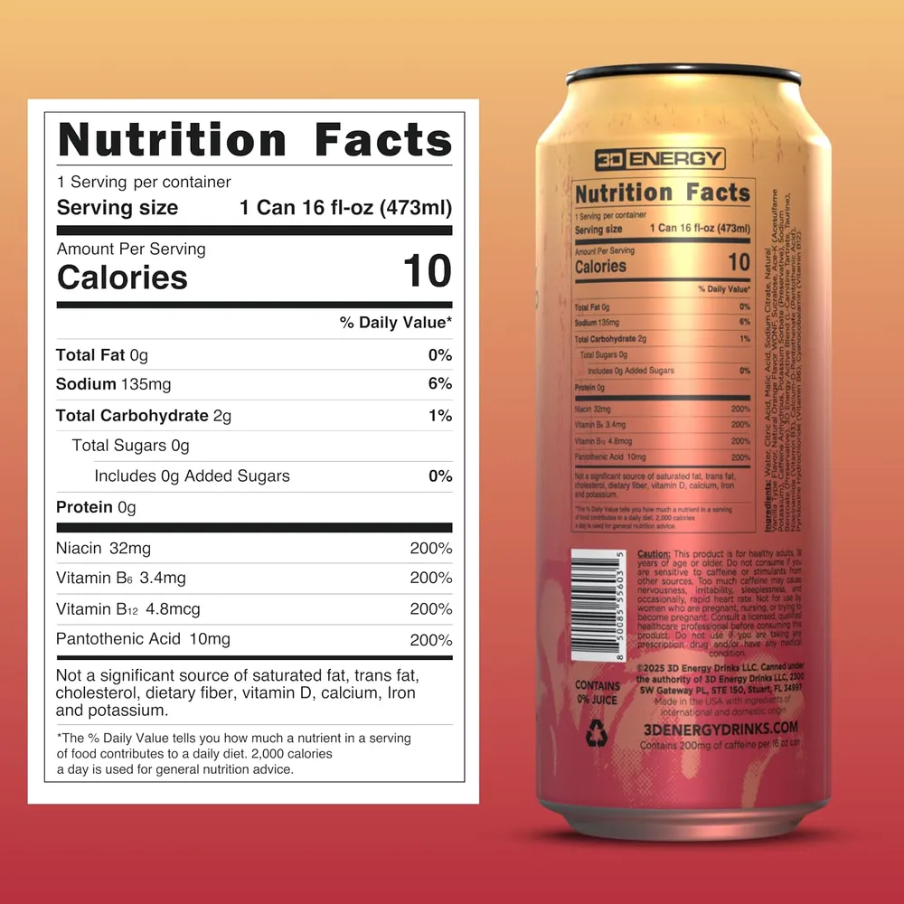 Back of a 3D Energy Juicy Apple can beside an enlarged Nutrition Facts panel showing 10 calories, 0g sugars and 200% DV of four B vitamins