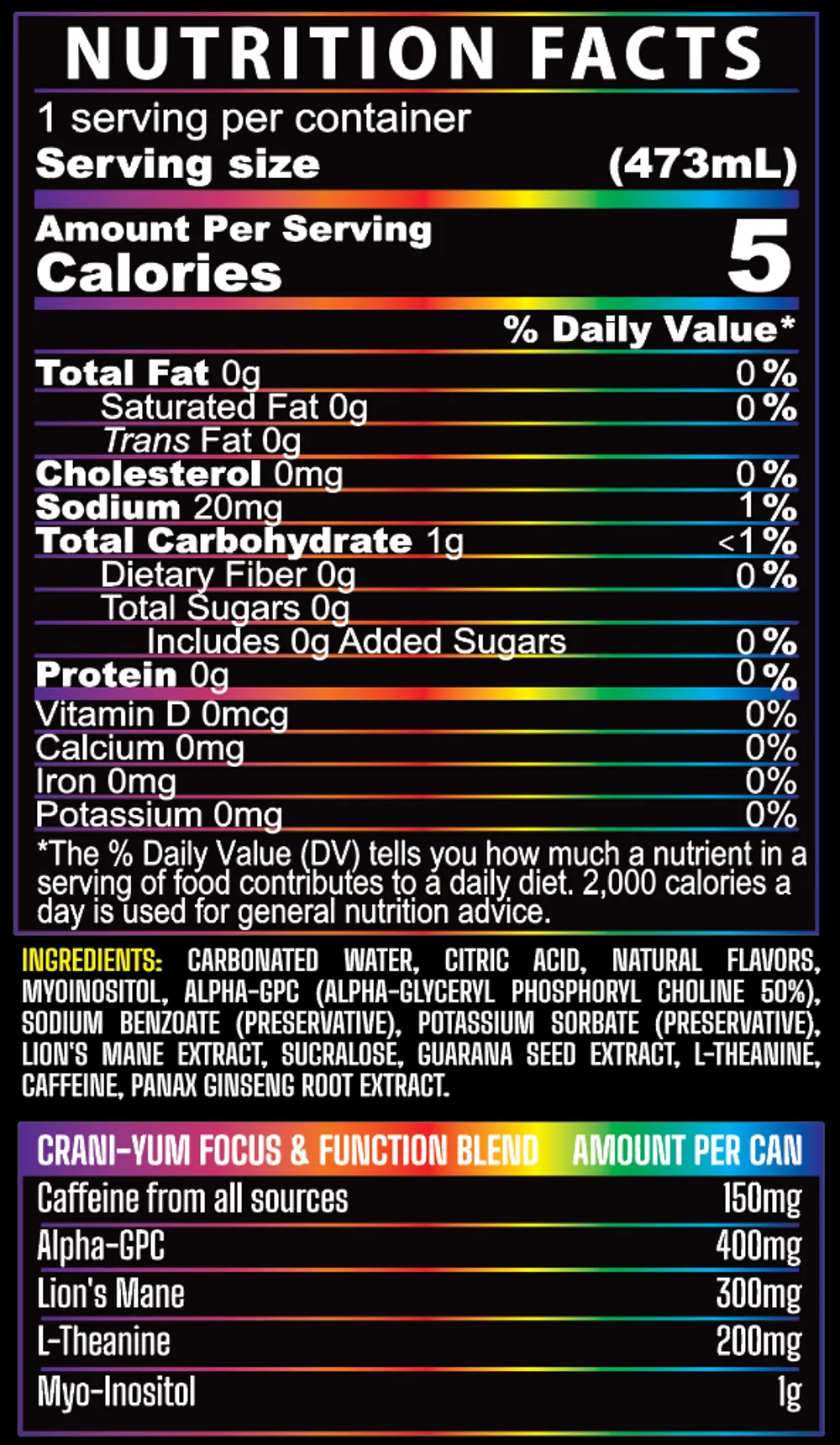 Crani-Yum Nootropic Energy Drink nutrition facts label