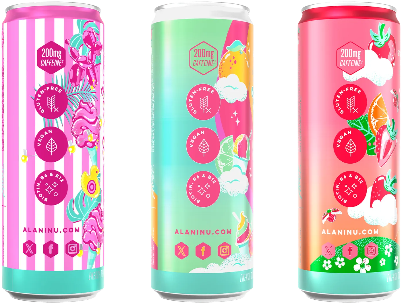 Three Alani Nu Energy Drink cans from the Dream Trio lineup