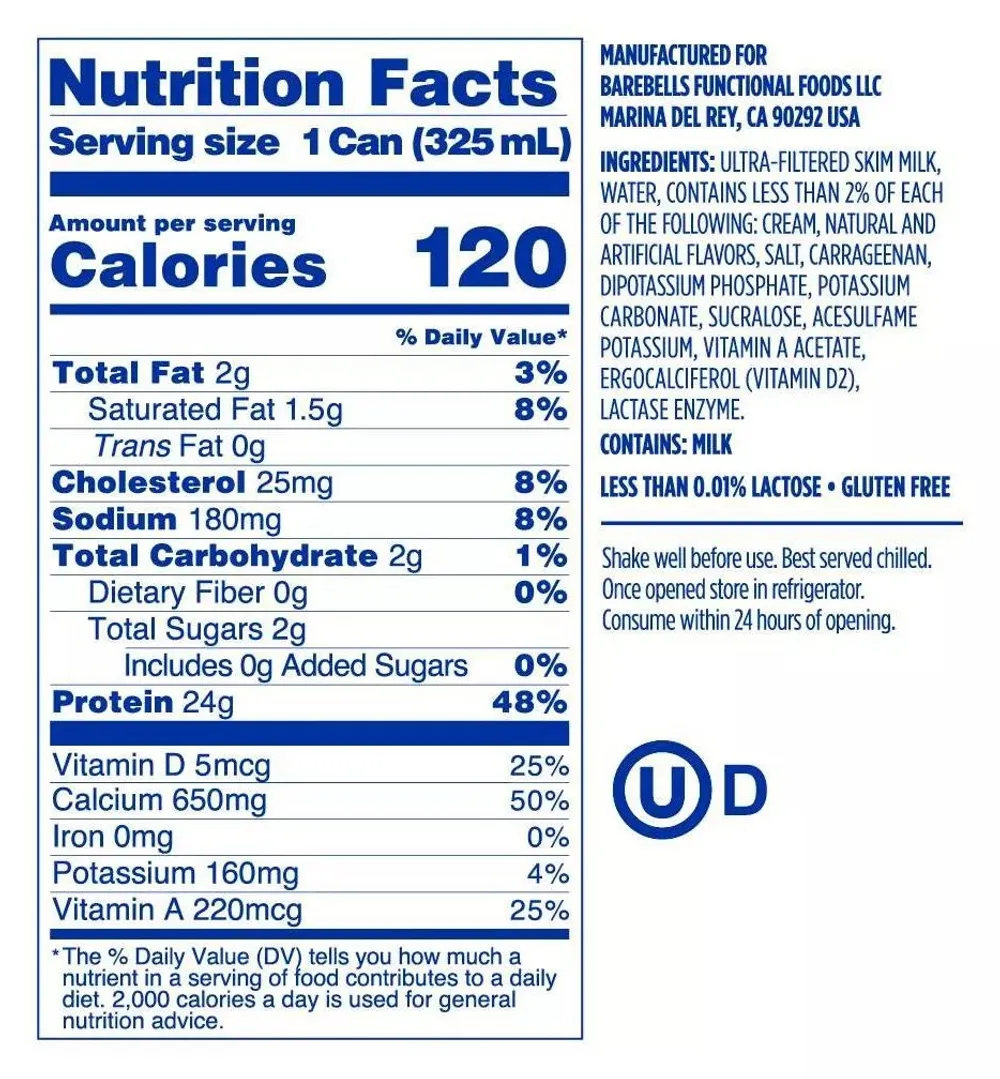 barebells milk drink vanilla nutrition facts ingredients