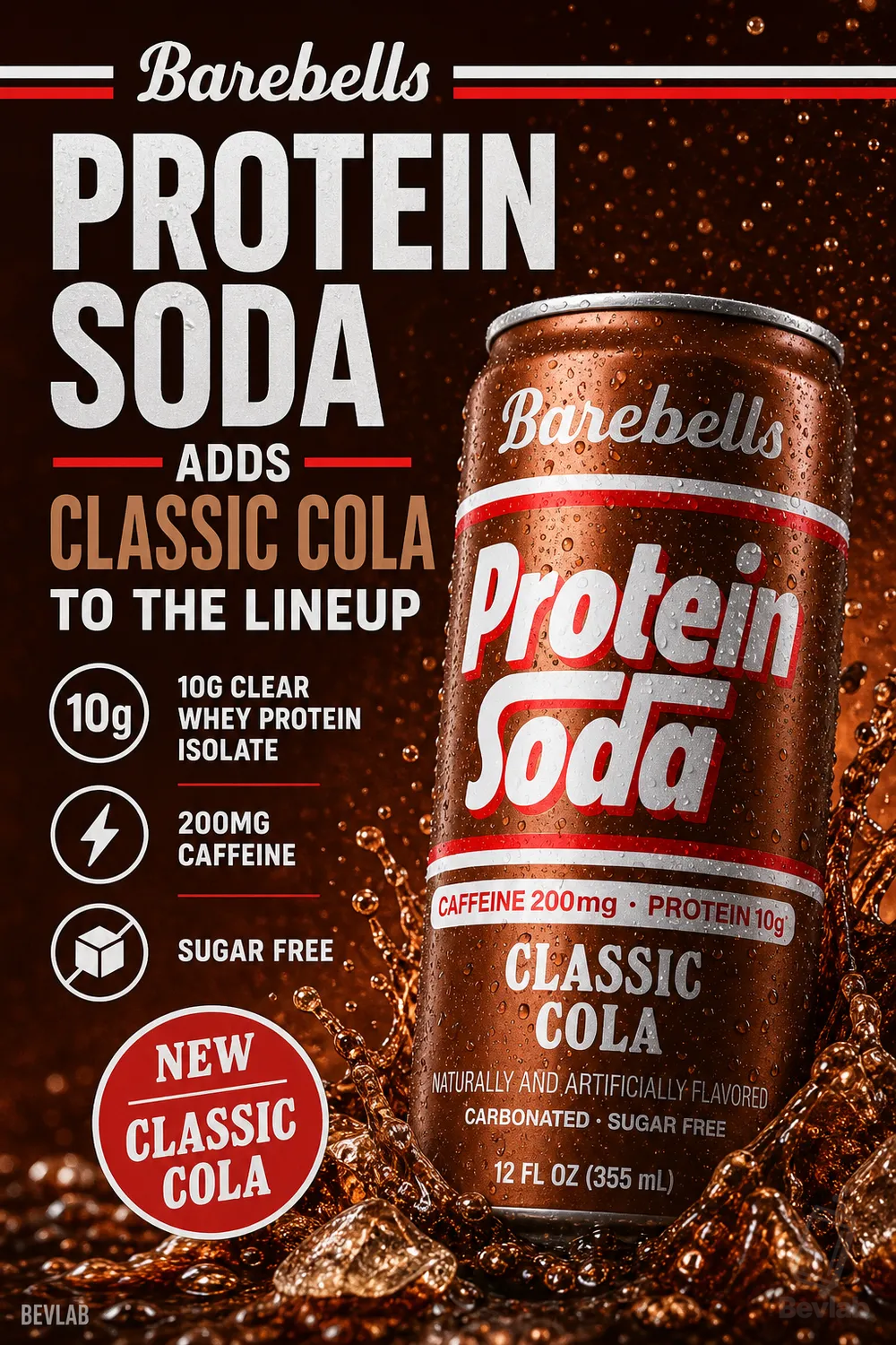 Barebells Protein Soda Classic Cola can against a branded background