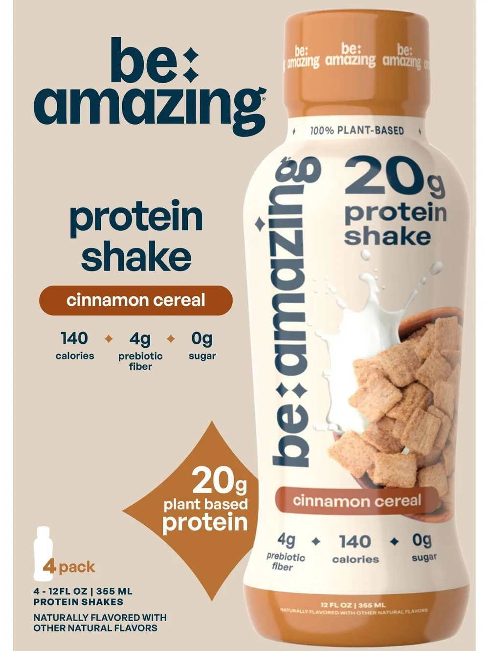 be amazing vegan protein shake rtd cinnamon cereal bottle and carton