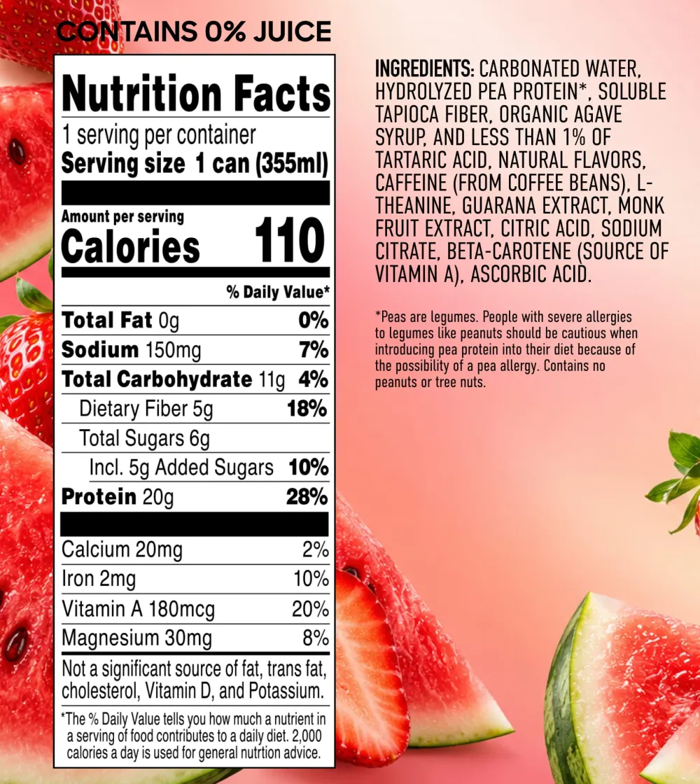 A pink-background label graphic for a sparkling drink, with a large Nutrition Facts panel on the left and ingredients text on the right