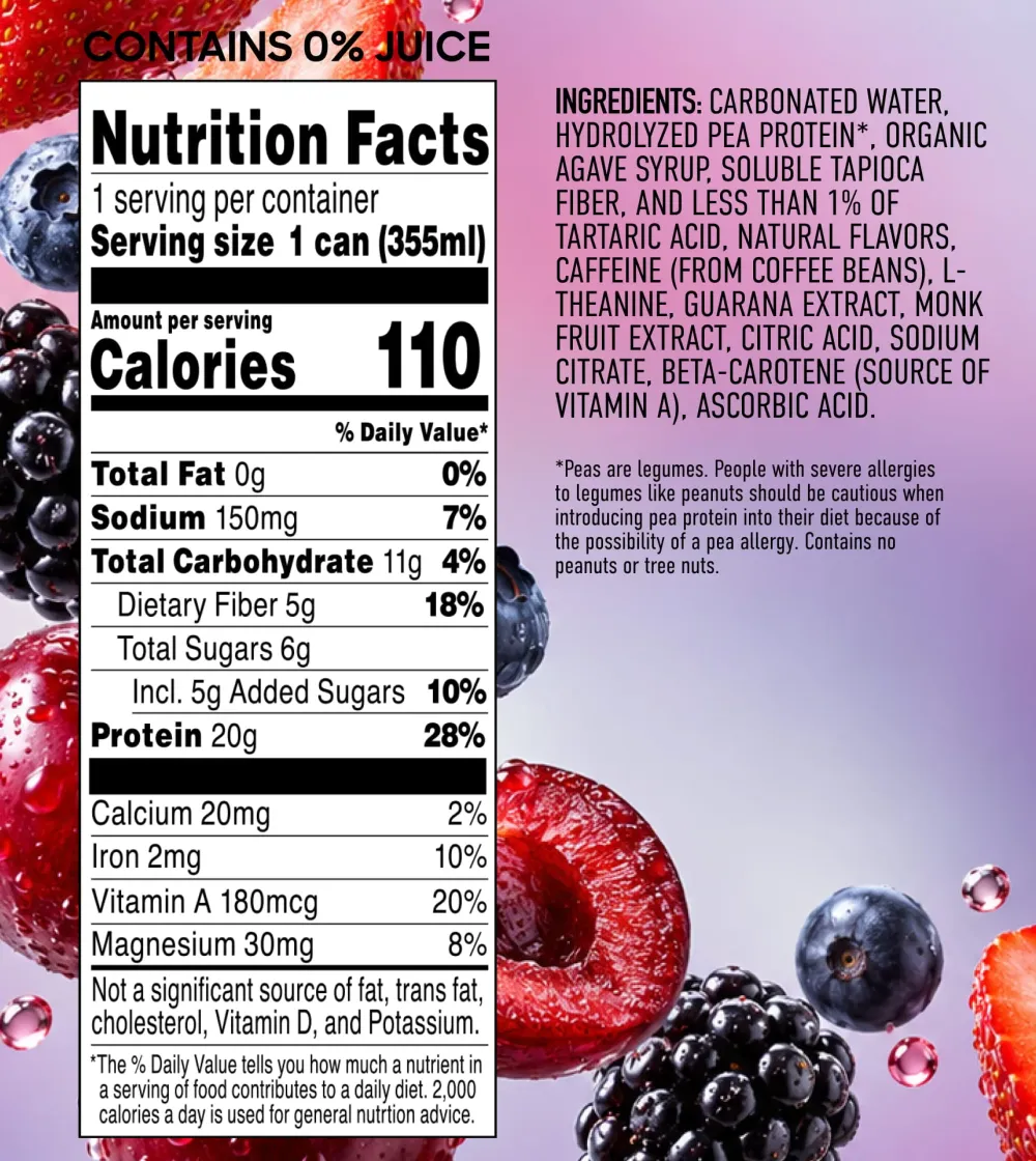 A close-up of a sparkling drink can label with a Nutrition Facts panel and ingredients list, set against a pink-purple background with images of berries