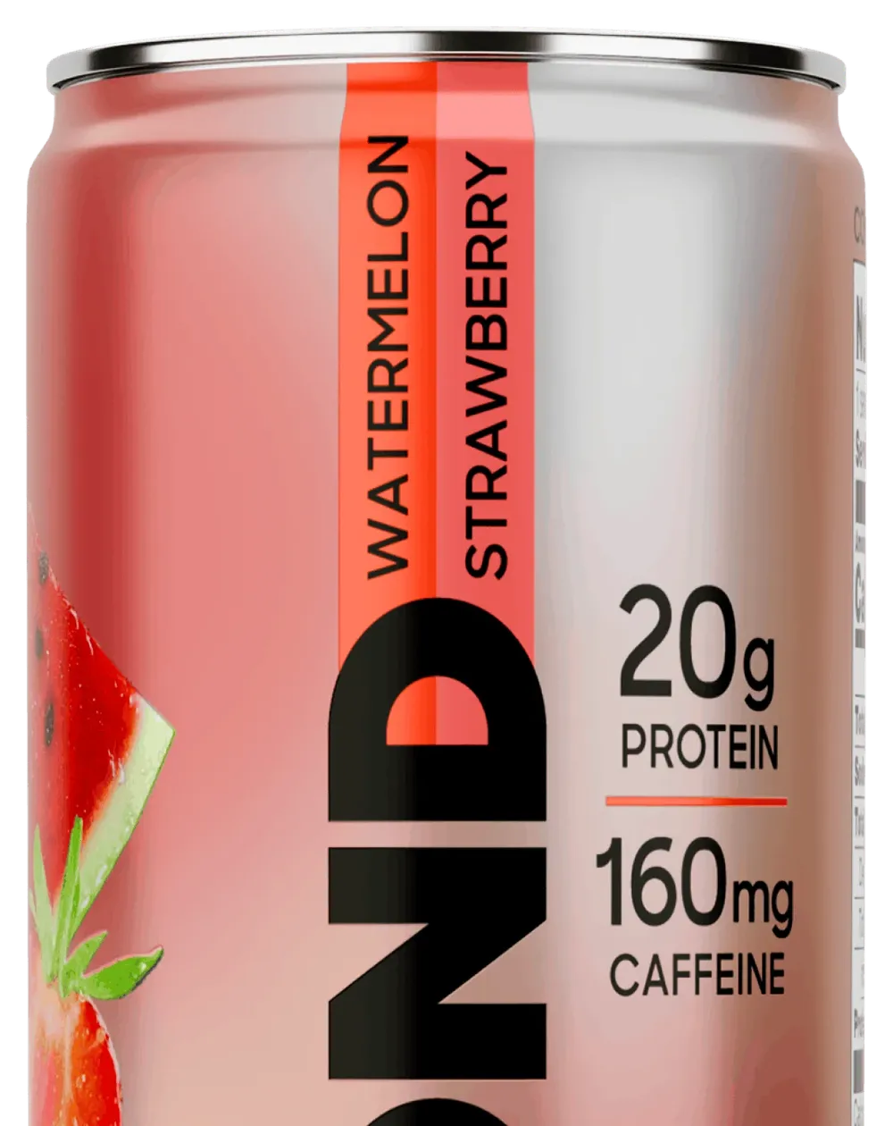 A close-up of a silver can with a coral-pink design and vertical “WATERMELON STRAWBERRY” text