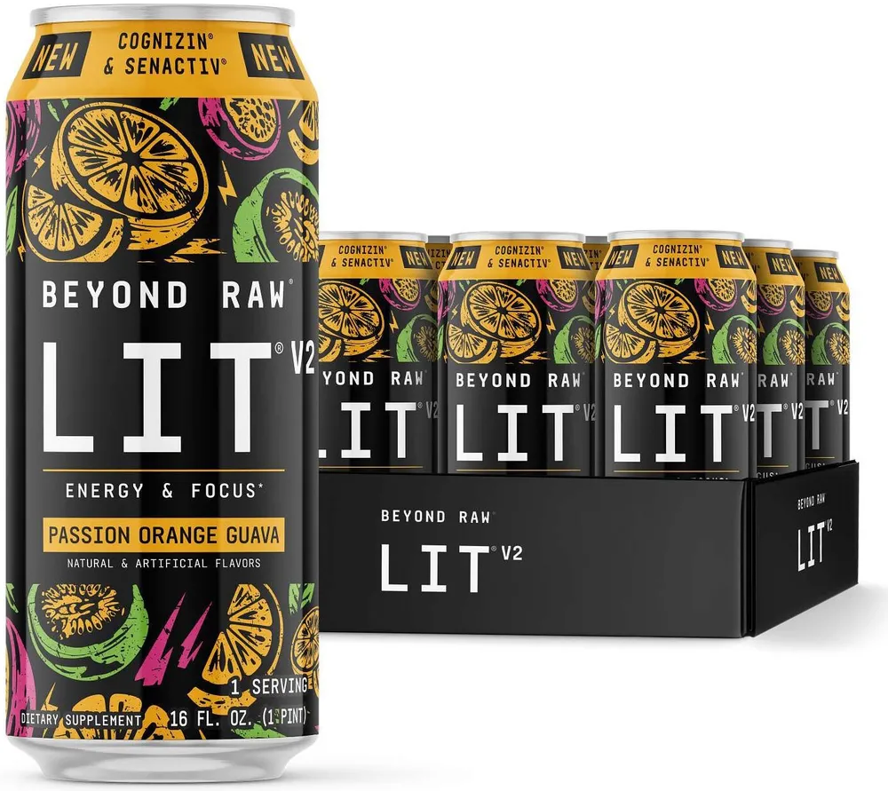 Beyond Raw LIT V2 On-The-Go beyond raw lit v2 passion orange guava 12pack hero