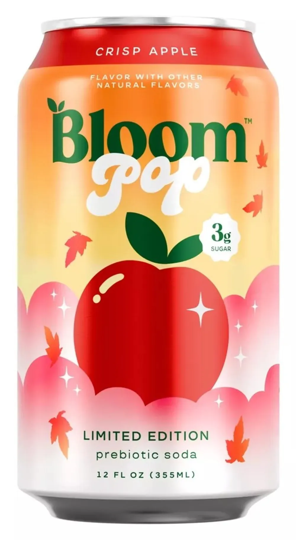 Front of the limited-edition Bloom Pop Crisp Apple prebiotic soda can
