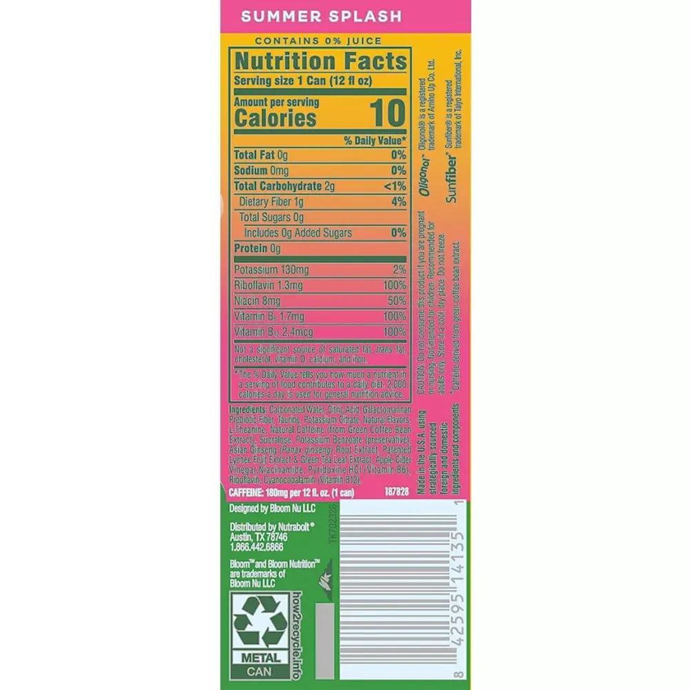 Bloom Sparkling Energy Summer Splash ingredient panel
