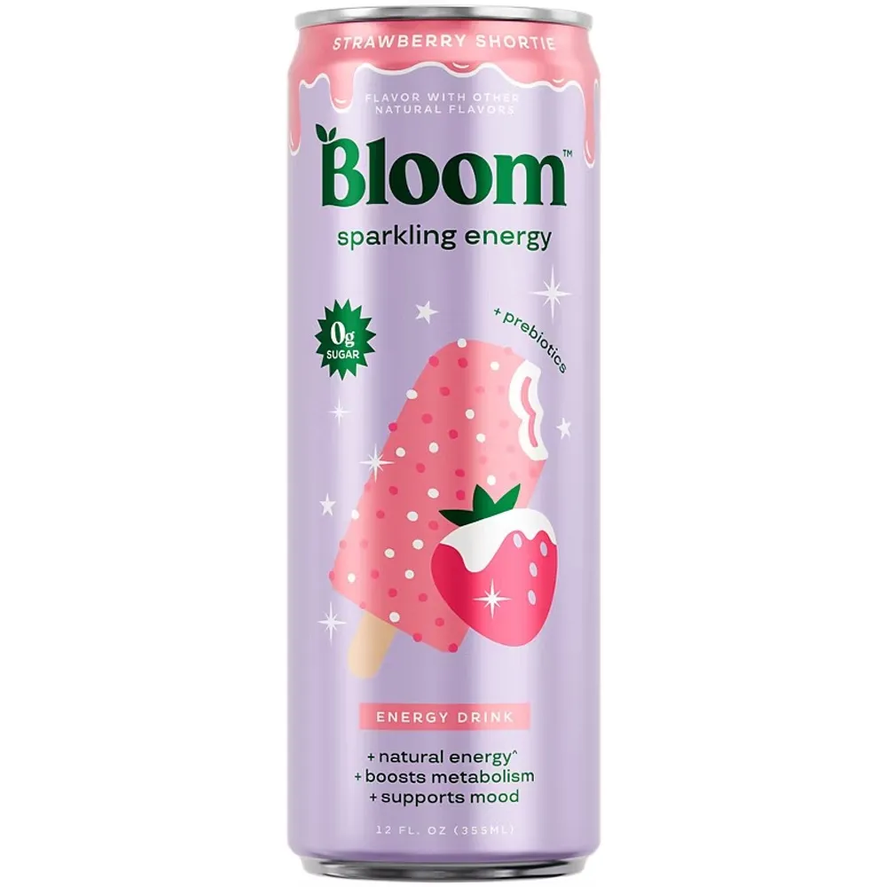 A single pink-and-lavender Bloom sparkling energy can is shown against a plain white background