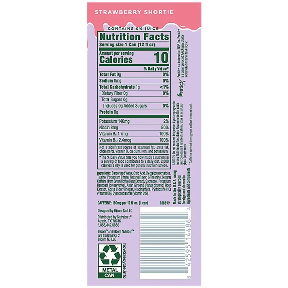 A narrow pink-and-lavender can label panel for Strawberry Shortie, with a prominent Nutrition Facts box, ingredient text, and a barcode