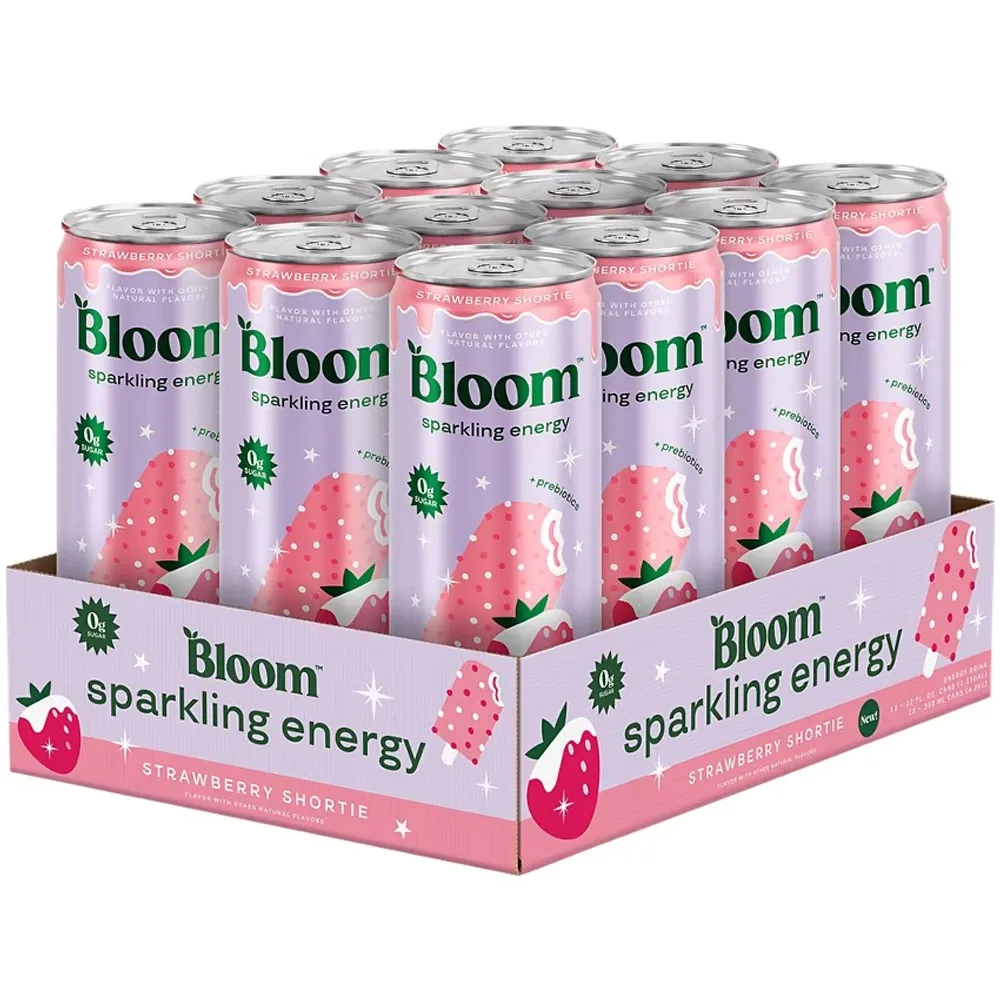 A pink-and-lavender Bloom sparkling energy 12-can tray shows cans decorated with strawberries and starbursts