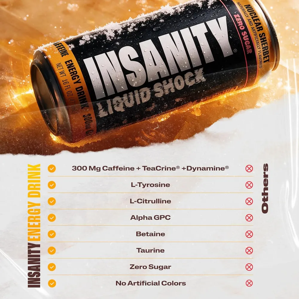 A black-and-orange INSANITY Liquid Shock energy drink can is shown diagonally against a fiery orange background