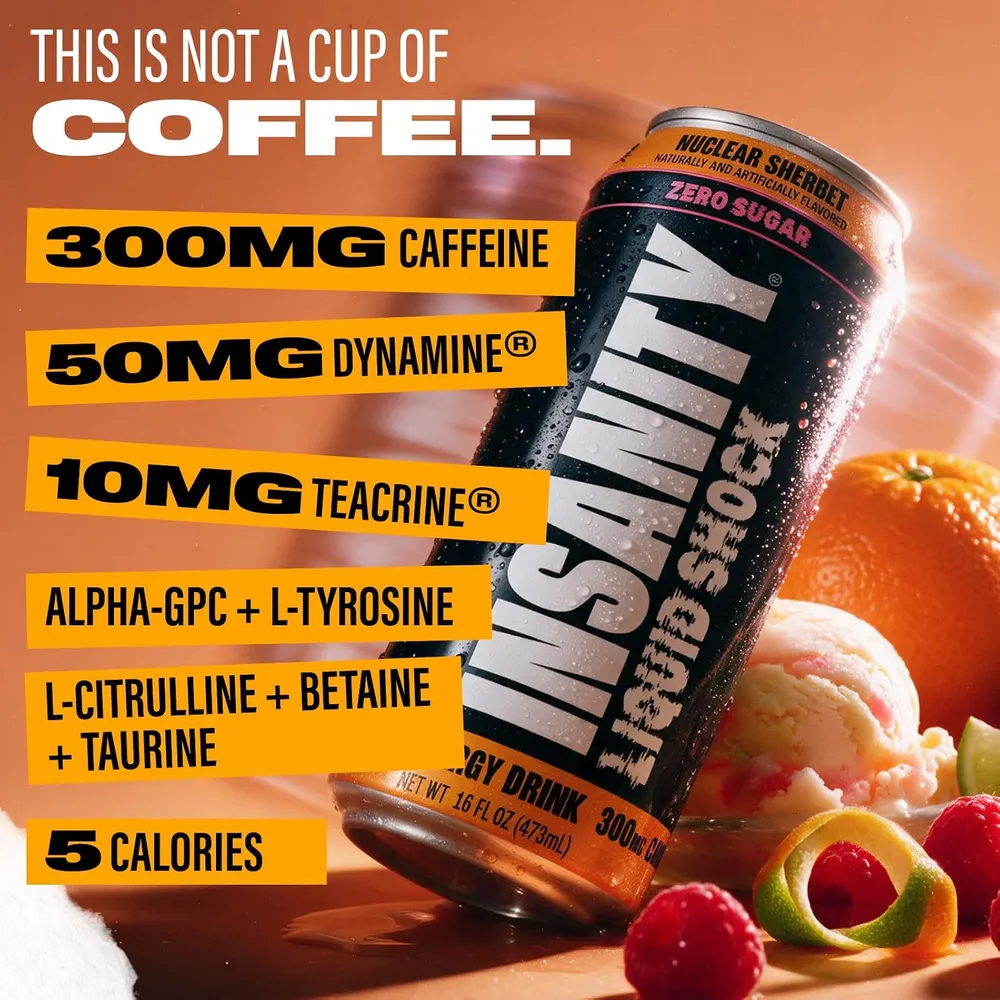 A promotional graphic features a black BODi INSANITY Liquid Shock can tilted against a warm orange background, with citrus, berries, and a scoop of ice cream nearby
