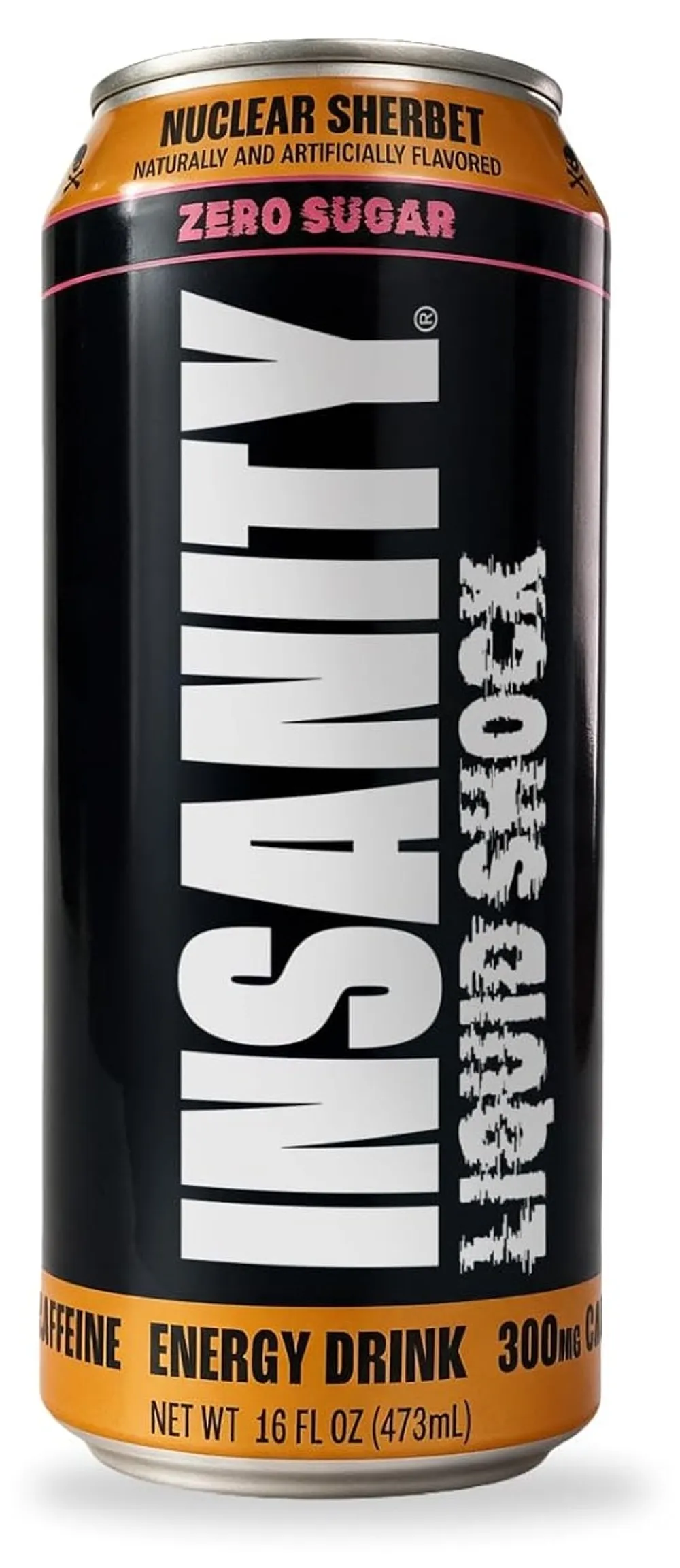 A black-and-orange energy drink can is shown against a white background