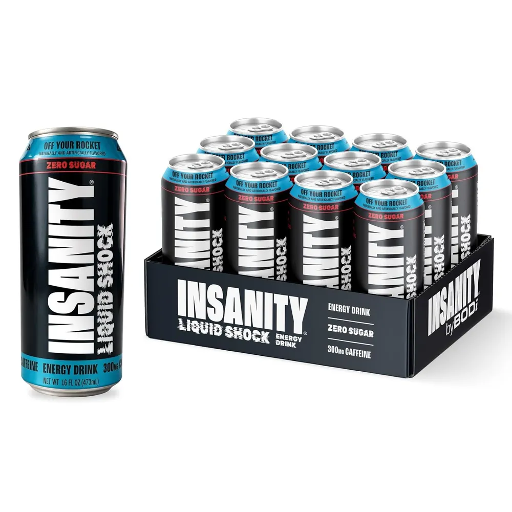 A single black-and-blue BODi INSANITY Liquid Shock energy drink can is shown beside a display carton holding multiple cans against a white background