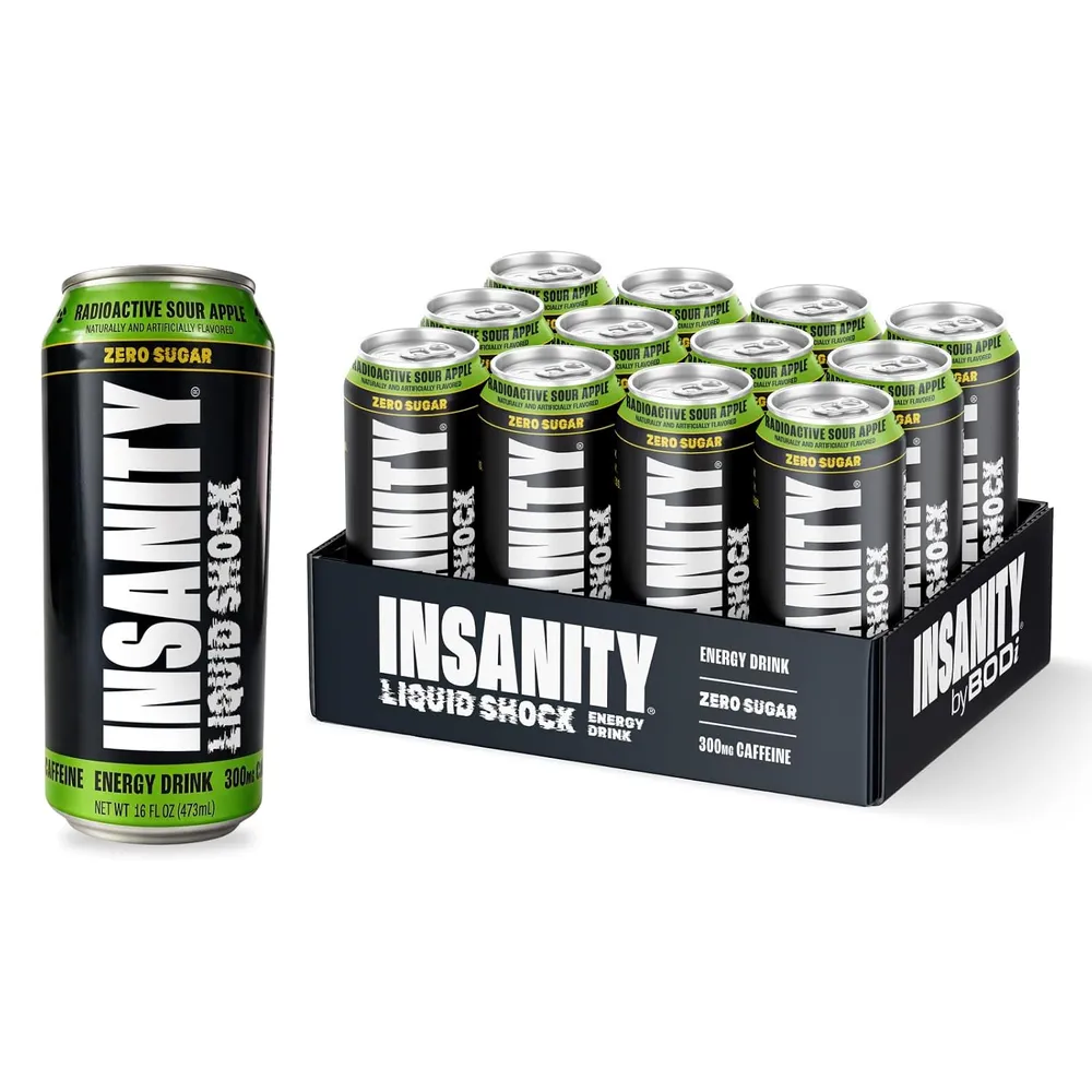 A single black-and-neon-green energy drink can stands beside a display tray holding multiple matching cans on a white background