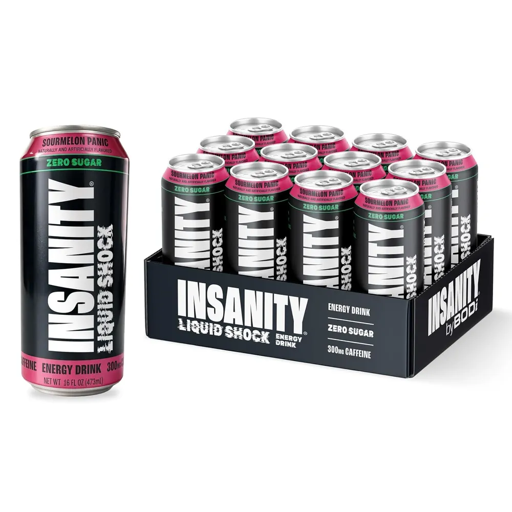 A black-and-pink BODi INSANITY Liquid Shock energy drink can stands beside a display tray of matching cans on a white background