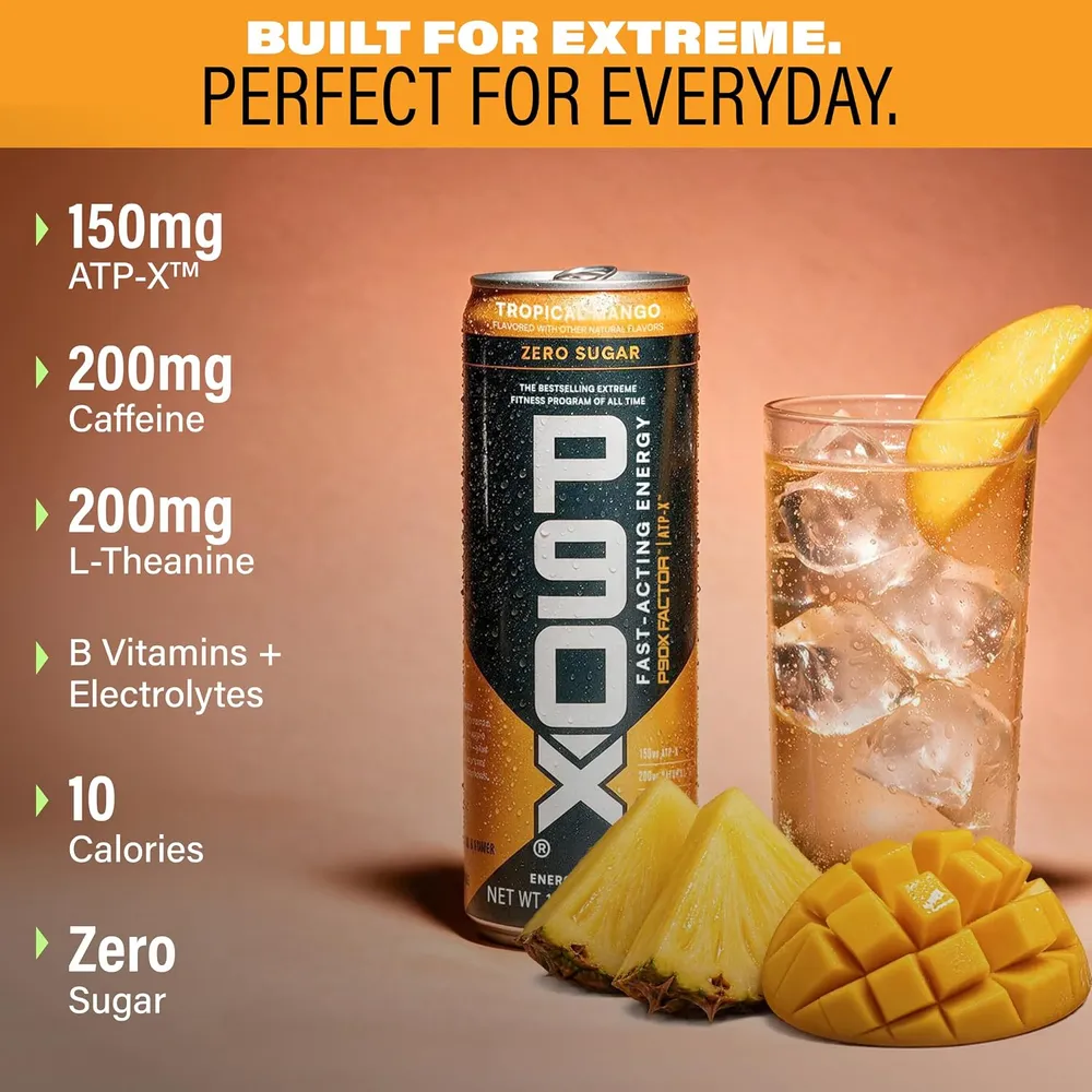 BODi P90X Energy Drink Tropical Mango can next to a glass of ice with mango and pineapple, listing 150mg ATP-X, 200mg caffeine and 200mg L-theanine