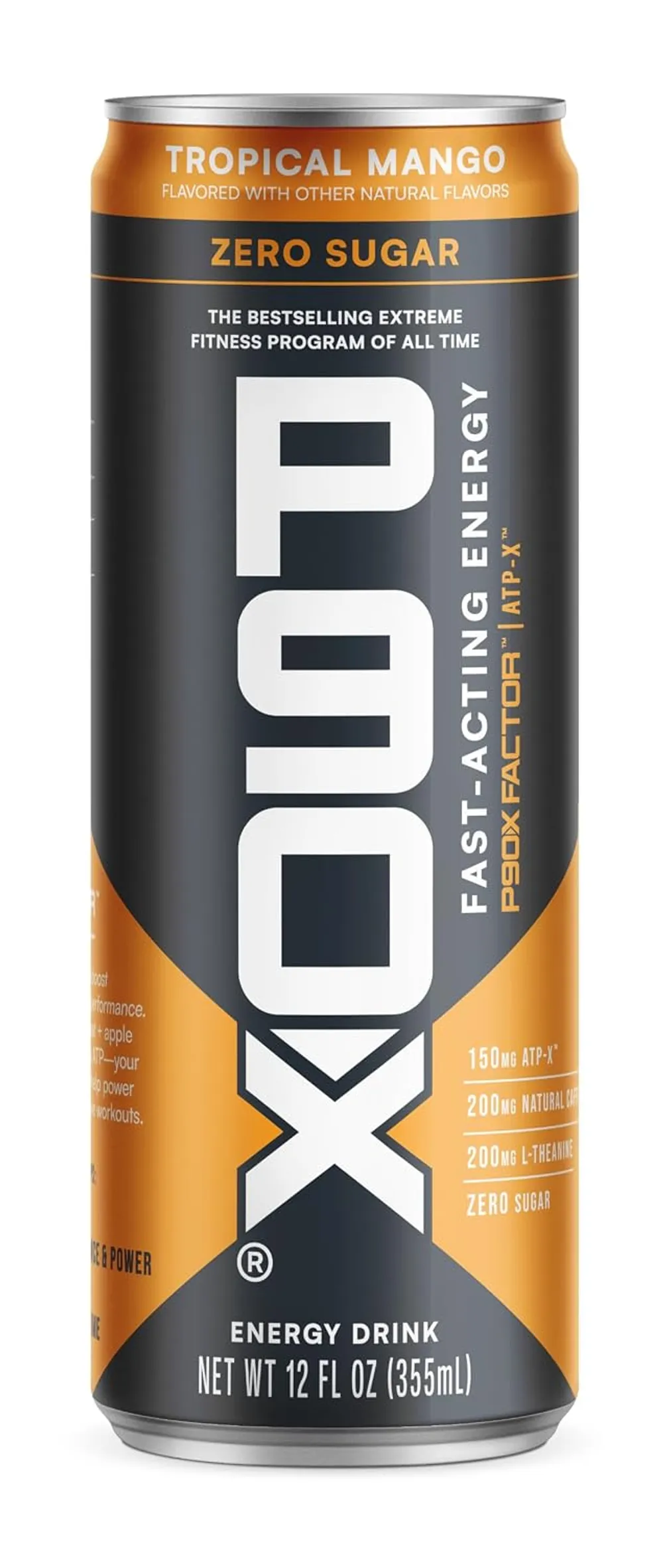 Front of the BODi P90X Energy Drink Tropical Mango 12 fl oz can, showing 150mg ATP-X, 200mg natural caffeine and 200mg L-theanine