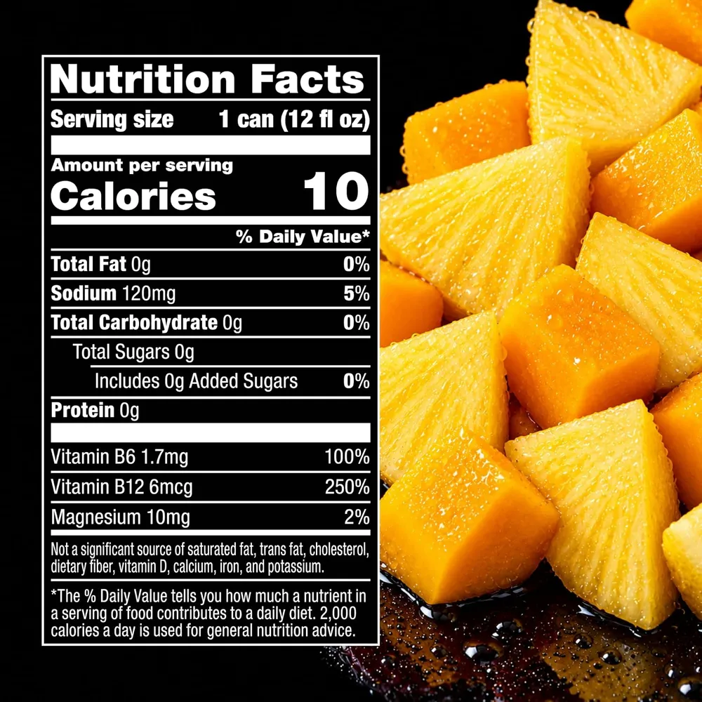 BODi P90X Energy Drink Nutrition Facts panel: 10 calories, 0g sugar, 120mg sodium, vitamin B6, vitamin B12 and magnesium