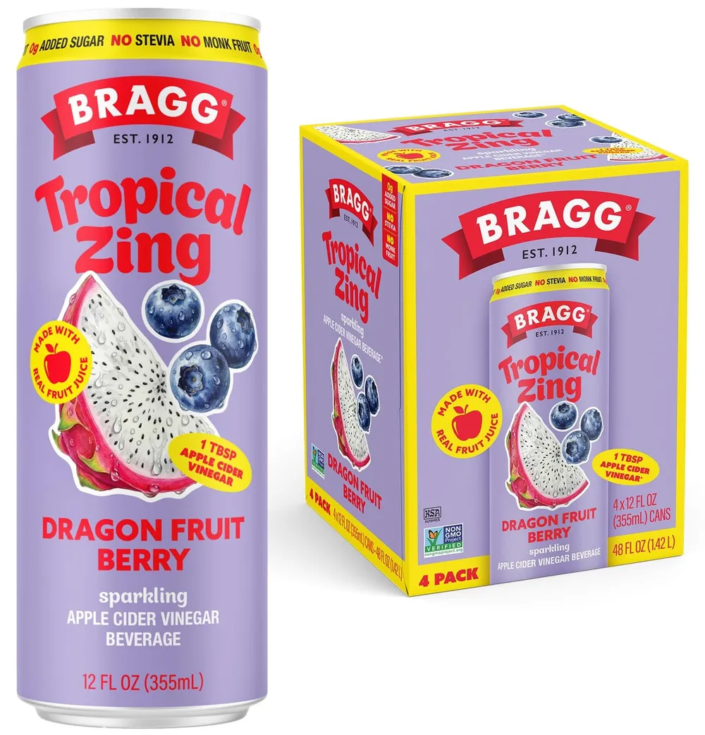 A lavender Bragg Tropical Zing Dragon Fruit Berry can beside its matching four-pack carton