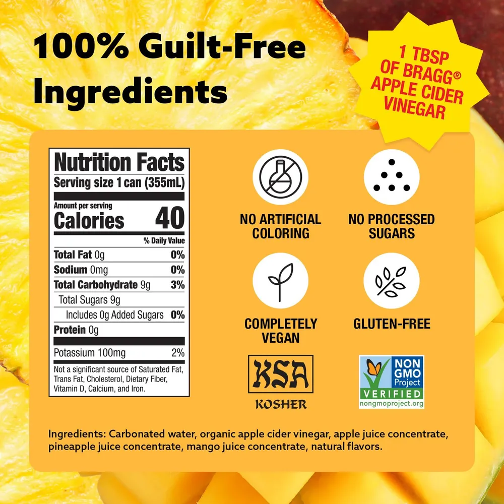 Bragg Tropical Zing Mango Pineapple Nutrition Facts panel showing 40 calories, 9g total sugars and 0g added sugars, with the ingredient list and a 1 tbsp apple cider vinegar callout