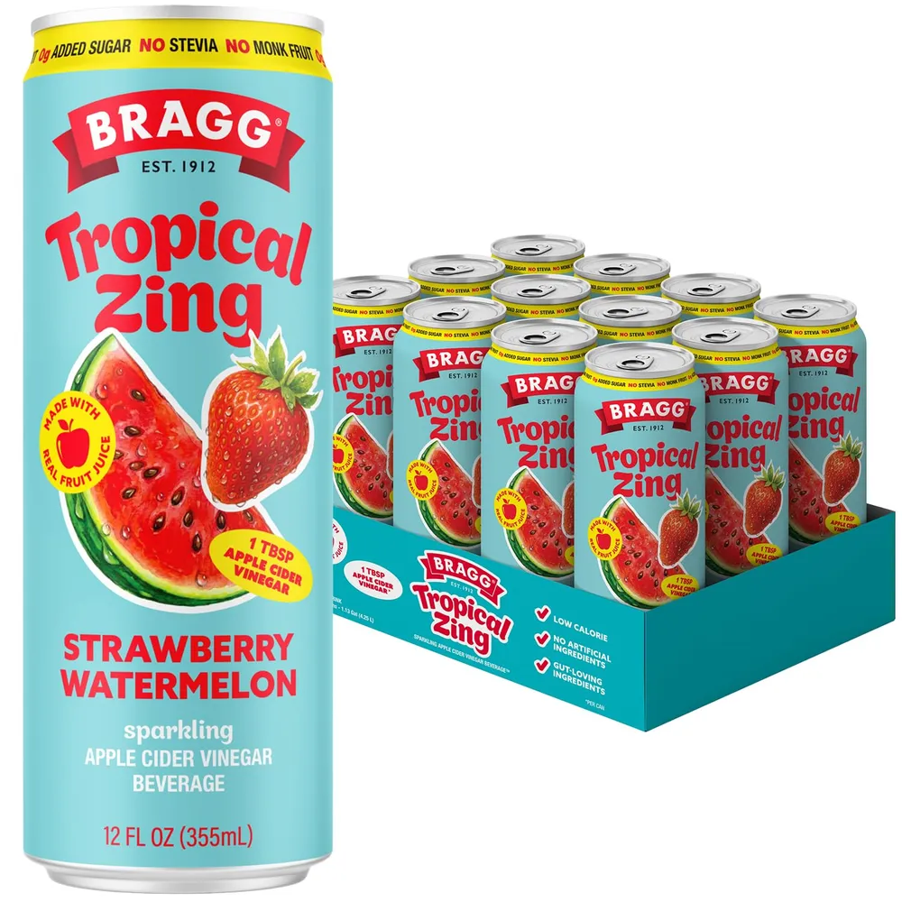 A turquoise Bragg Tropical Zing Strawberry Watermelon can beside a display tray of matching cans