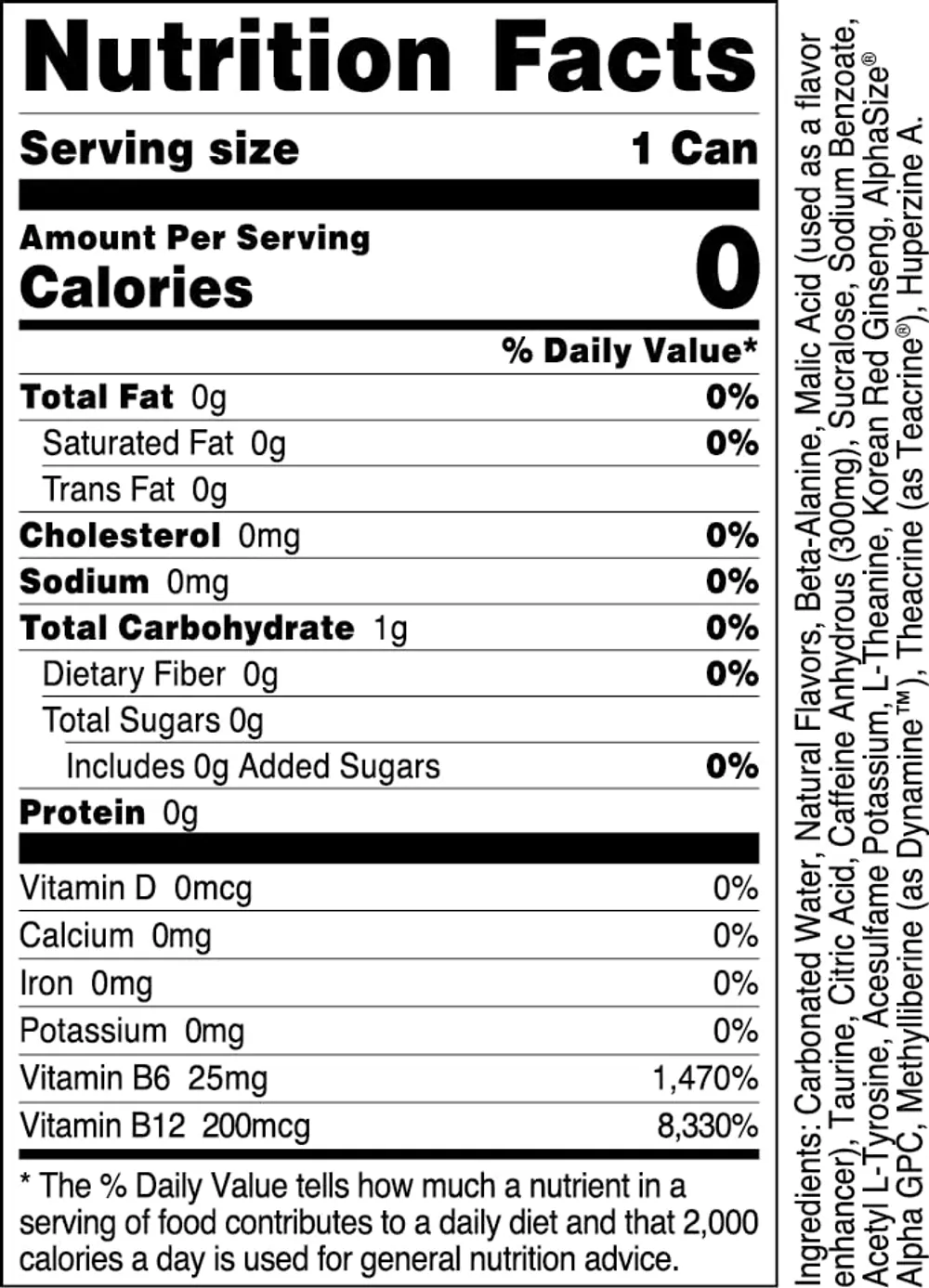Bucked Up Energy Drink supplement facts and ingredient label