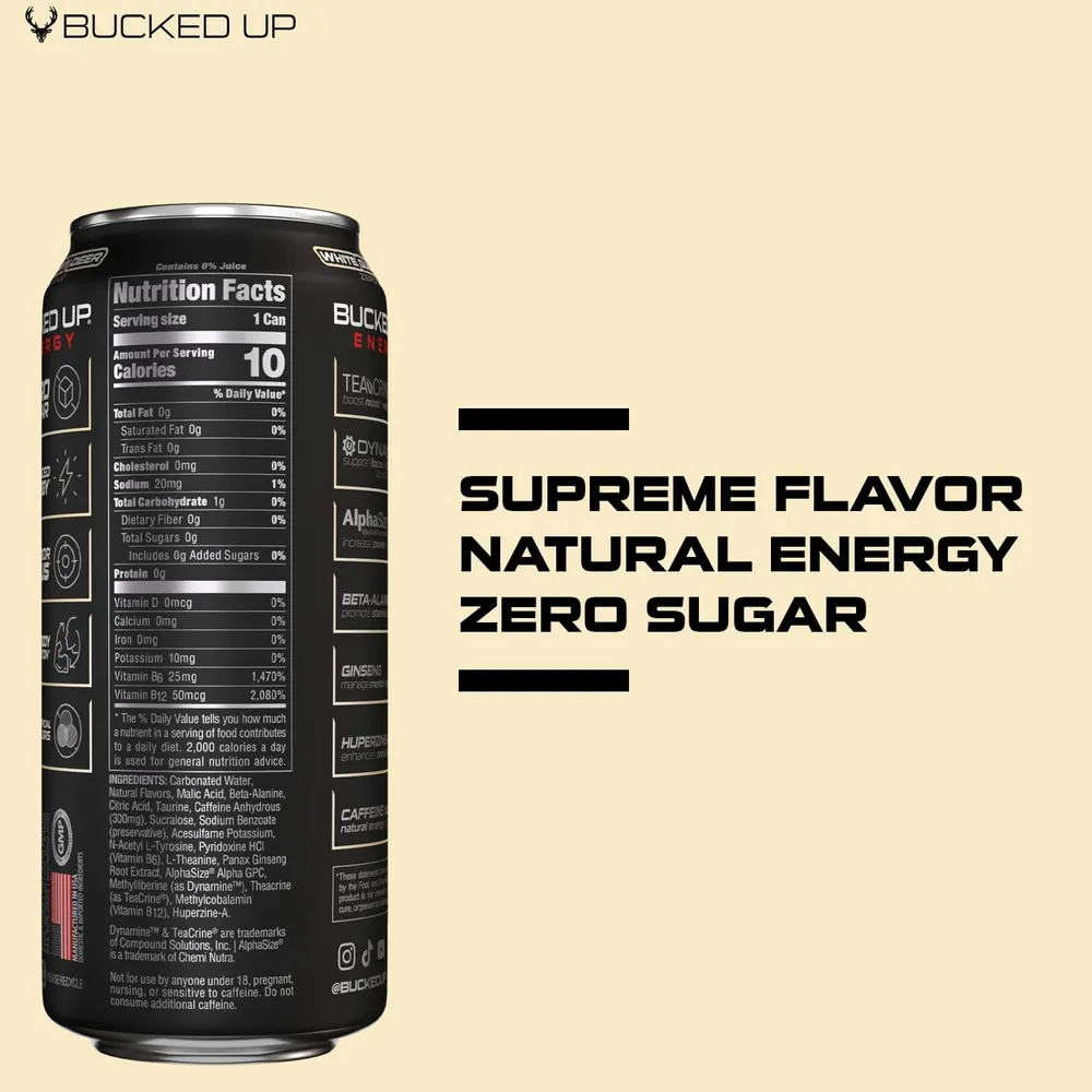Bucked Up Energy Drink can label highlighting key formula benefits