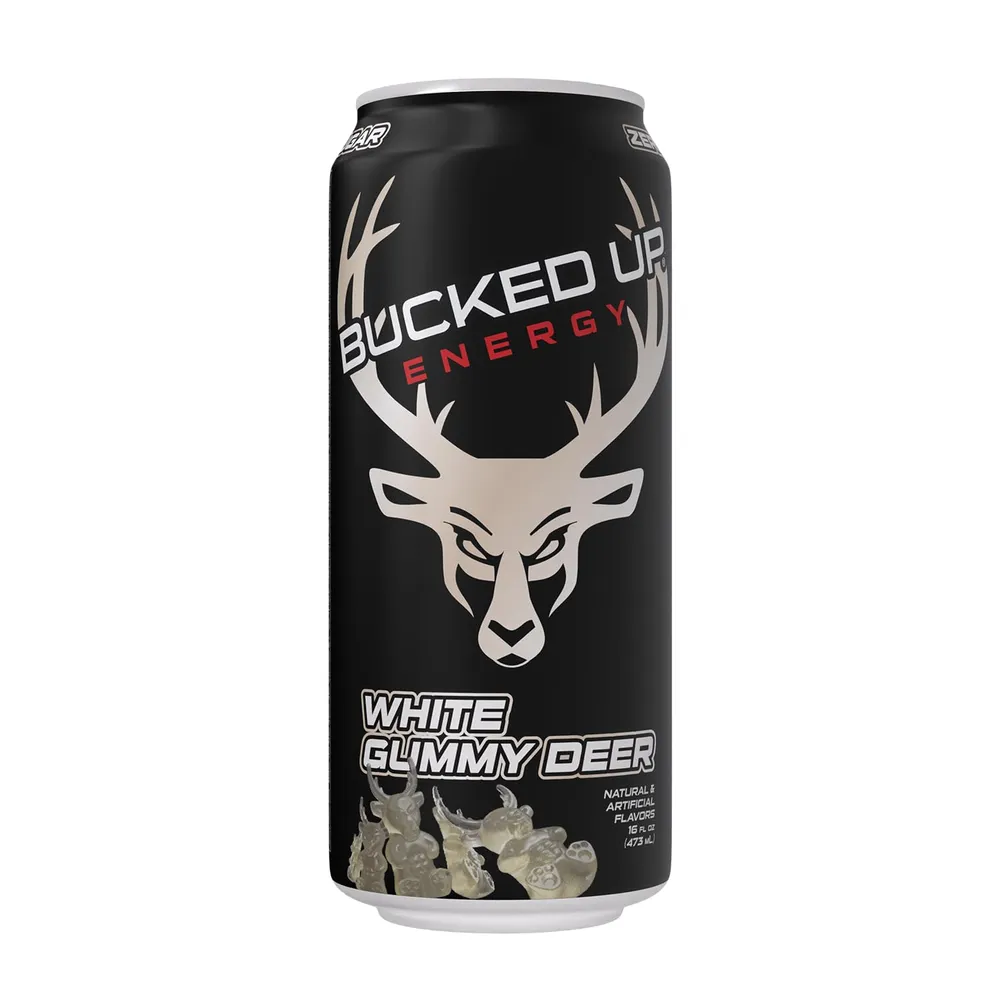 Bucked Up Energy Drink White Gummy Deer flavor can