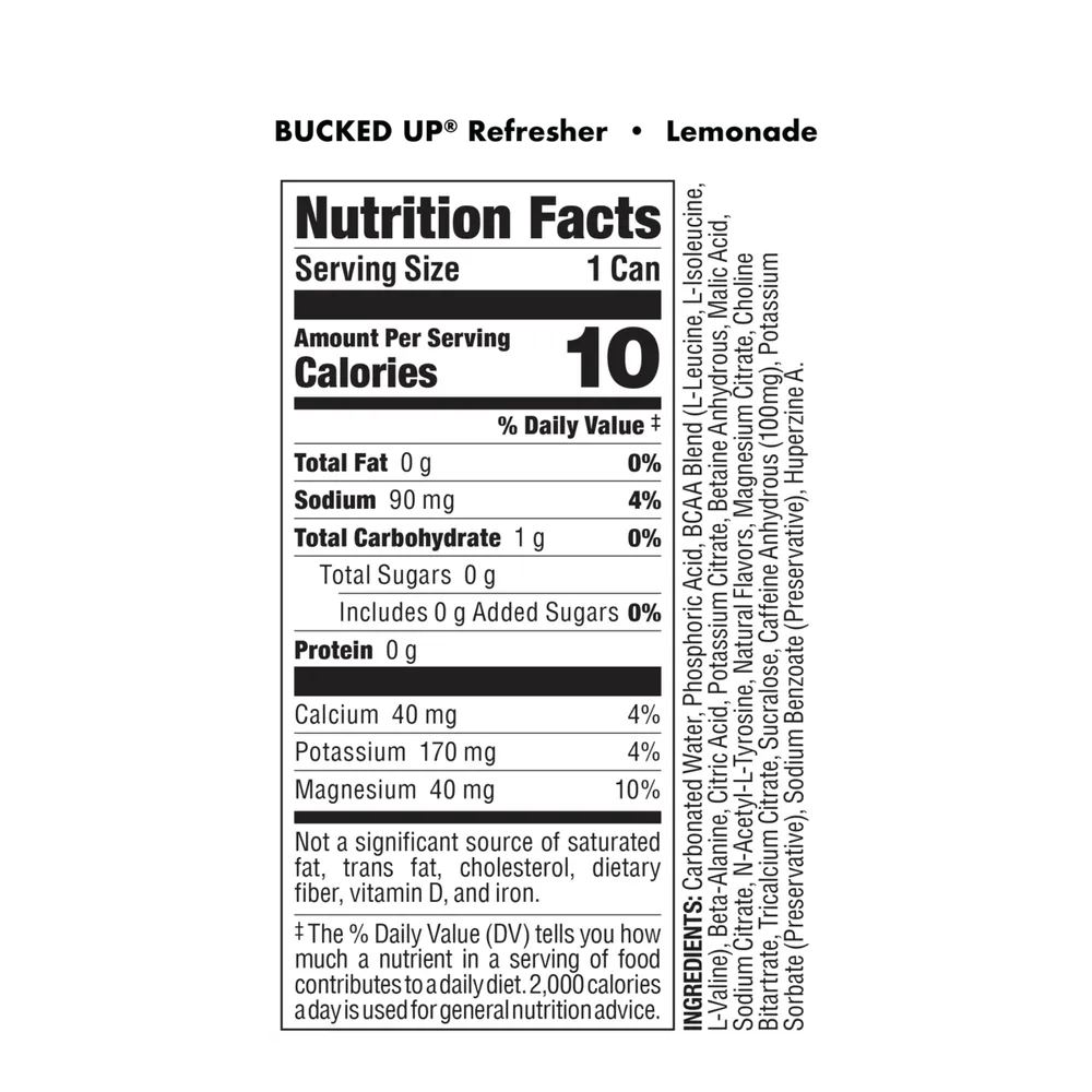 Bucked Up Refresher ingredients panel showing N-Acetyl-L-Tyrosine and other actives