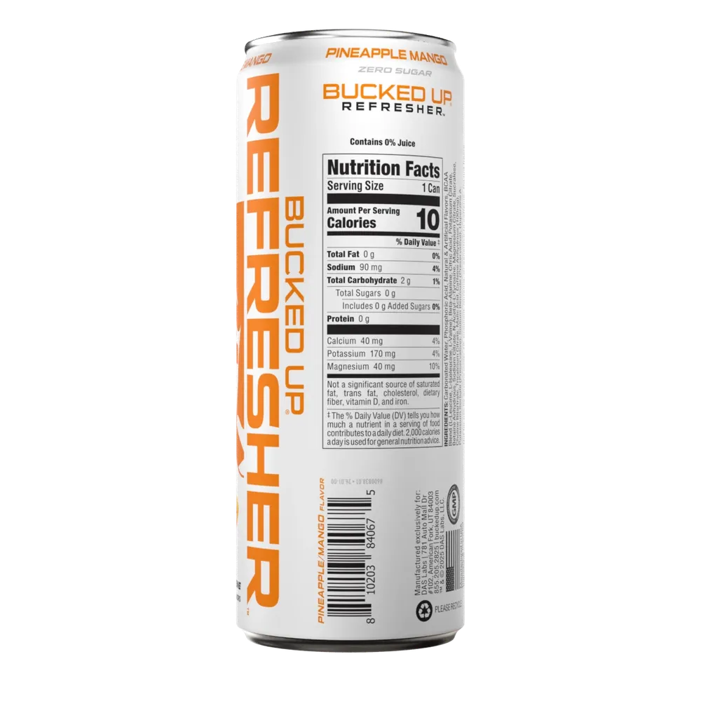 Bucked Up Refresher drink label showing ingredients and supplement facts