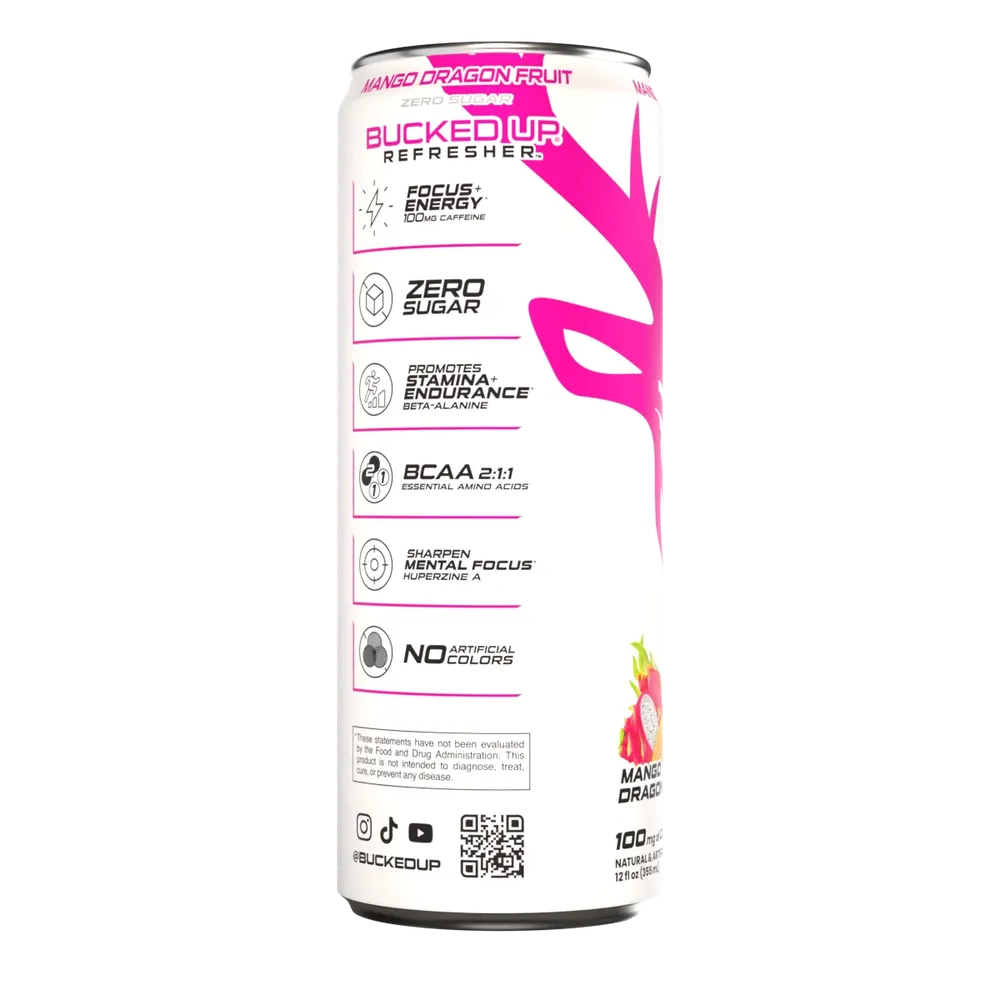 Bucked Up Refresher can side panel highlighting key benefits including huperzine A