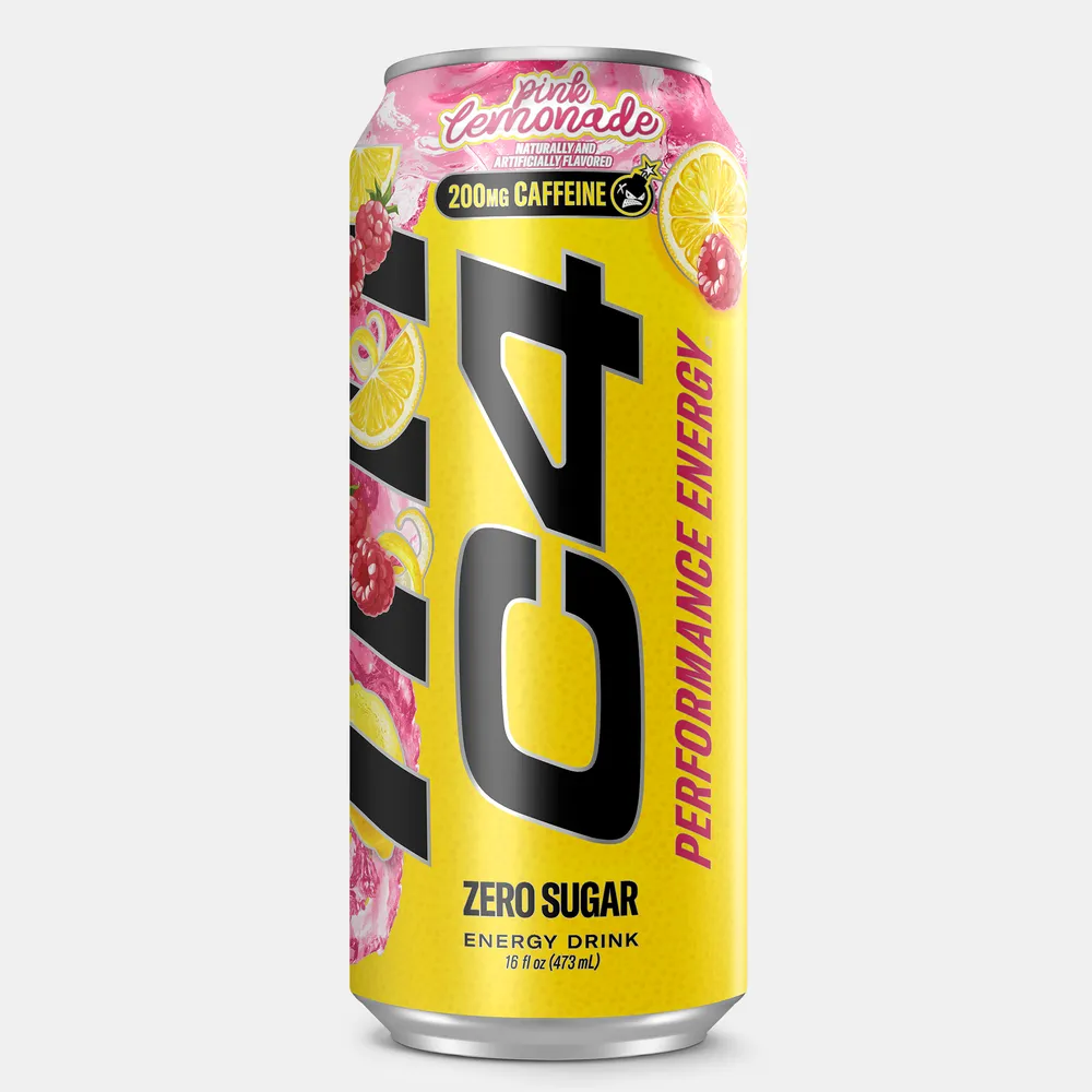 C4 Performance Energy Pink Lemonade can with yellow body, pink top, and lemon slice graphics