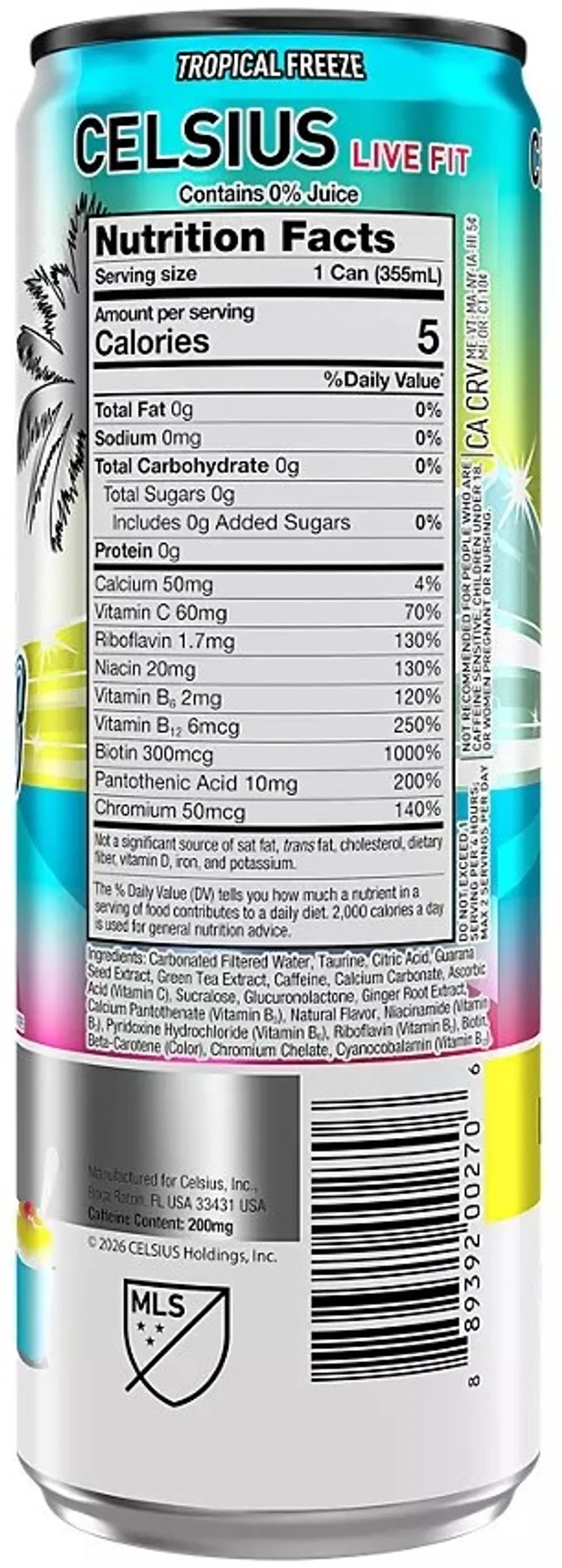 Celsius Electric Vibe nutrition facts and ingredient label