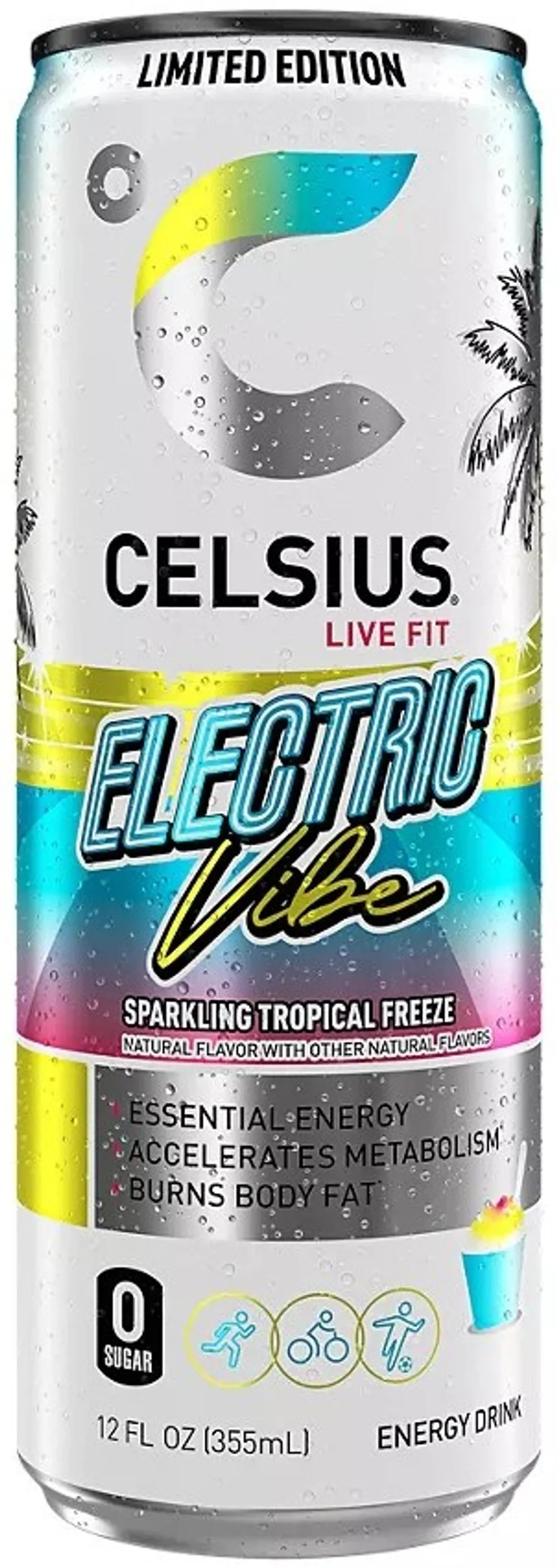 Celsius Electric Vibe Sparkling Tropical Freeze can with retro neon palm tree design