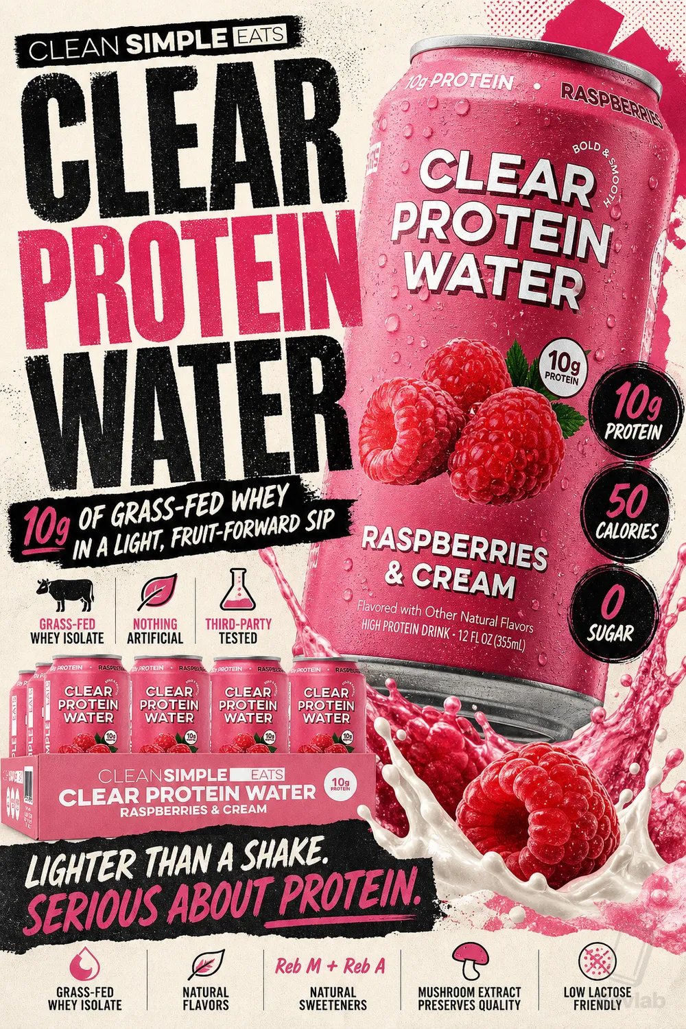 Clean Simple Eats Clear Protein Water cans in multiple flavors