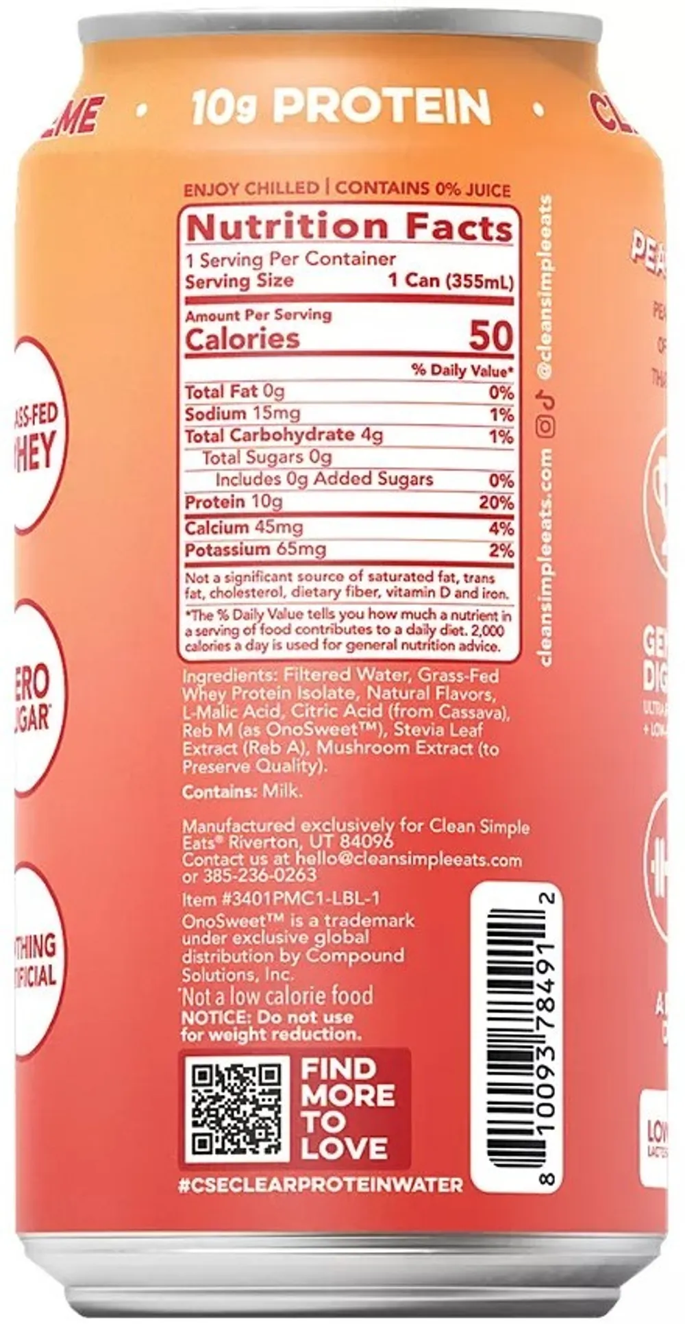 Ingredient panel for Clean Simple Eats Clear Protein Water Peach Mango Crème