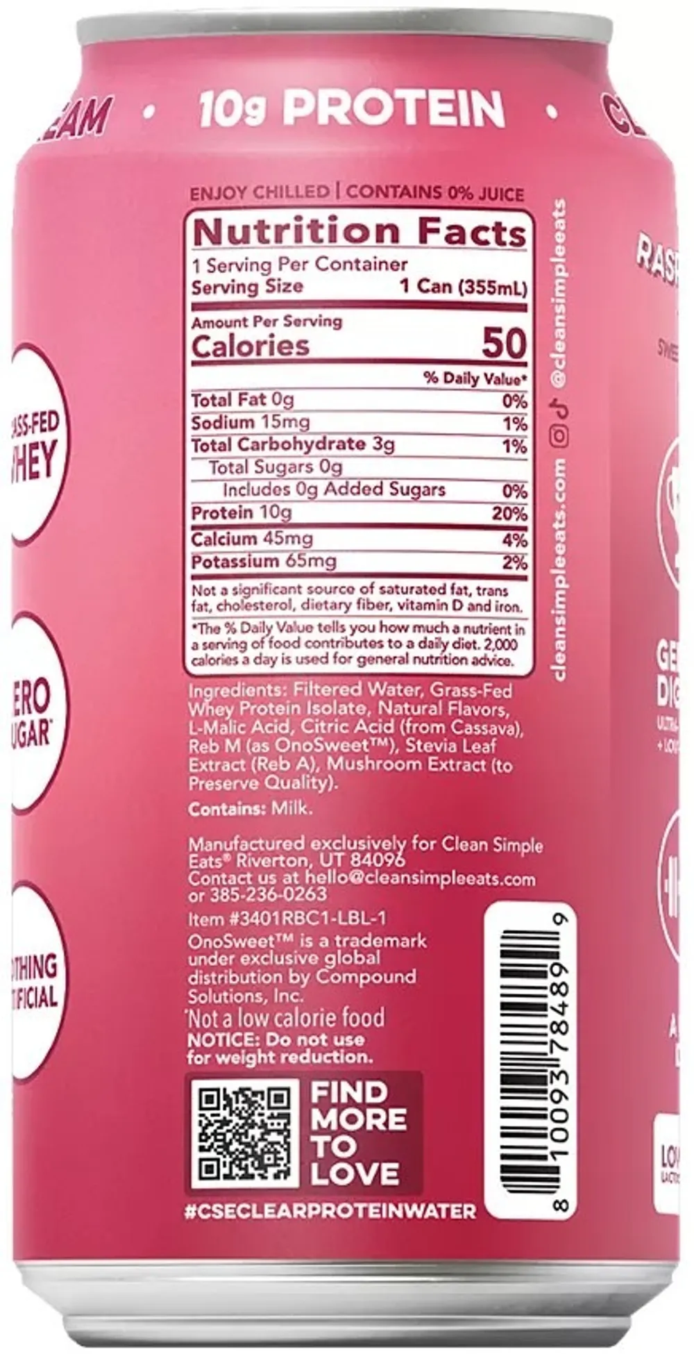 Nutrition facts panel for Clean Simple Eats Clear Protein Water Raspberries & Cream
