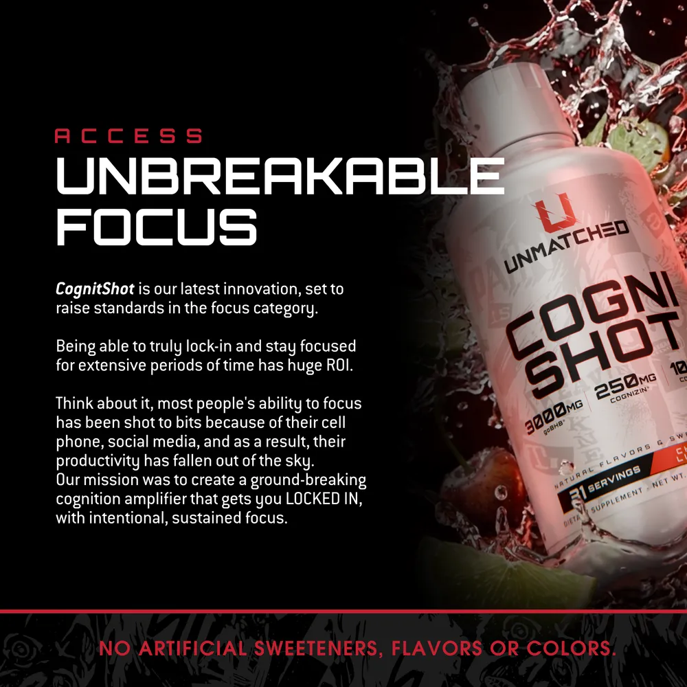 CogniShot unbreakable focus branding graphic featuring Cognizin citicoline