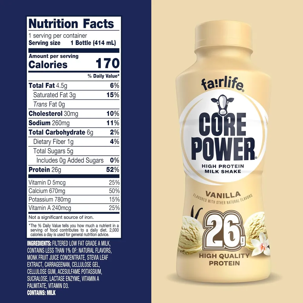 Core Power High Protein Milk Shake (26g) Nutrition Facts and ingredients label