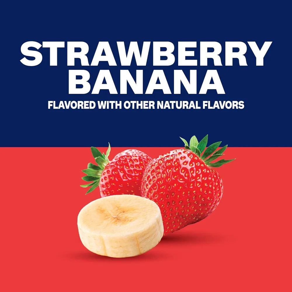 A flavor graphic with large white “STRAWBERRY BANANA” lettering on a navy-blue and red background, above illustrations of strawberries and a banana slice