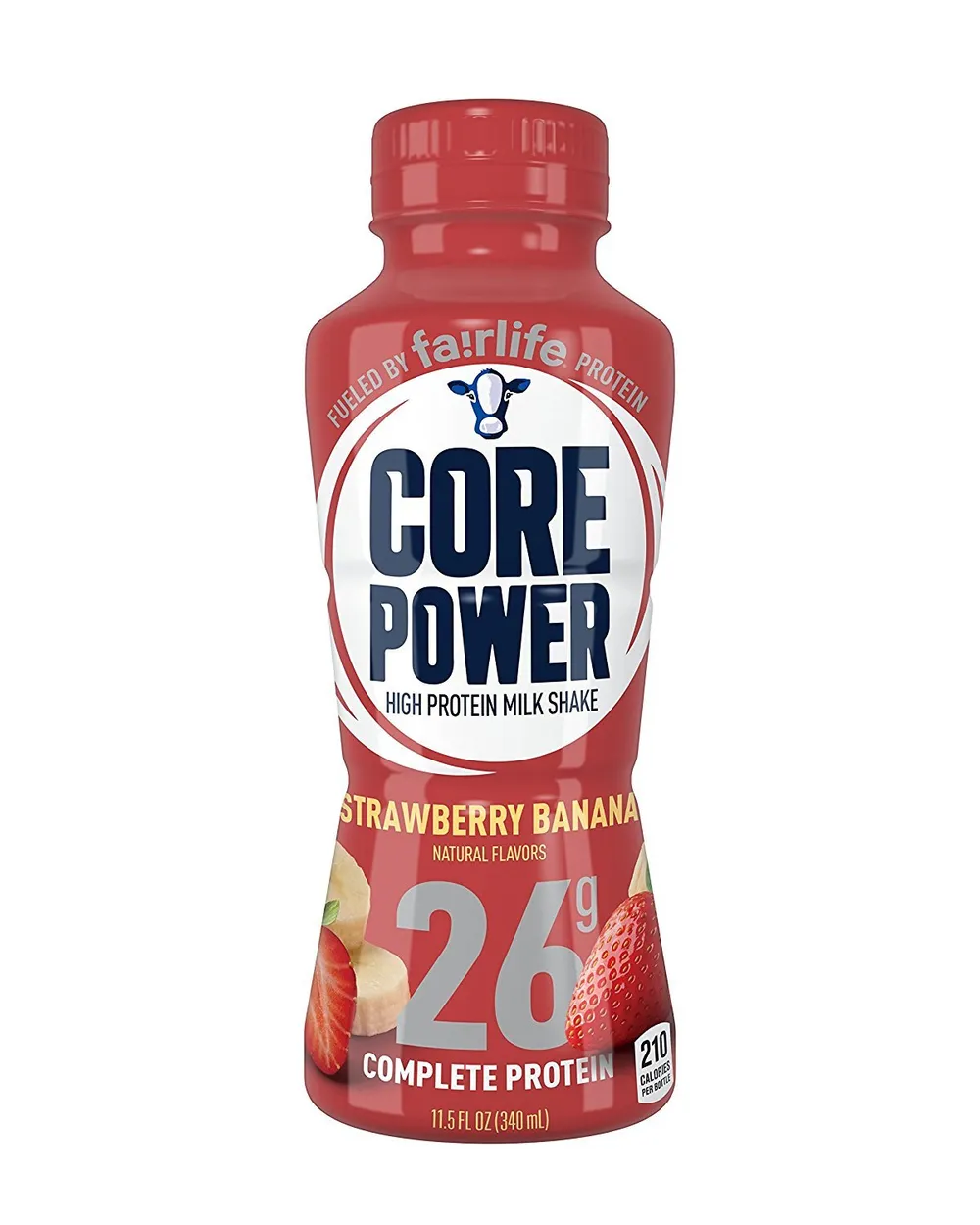 A single red bottle of Core Power High Protein Milk Shake stands against a plain white background