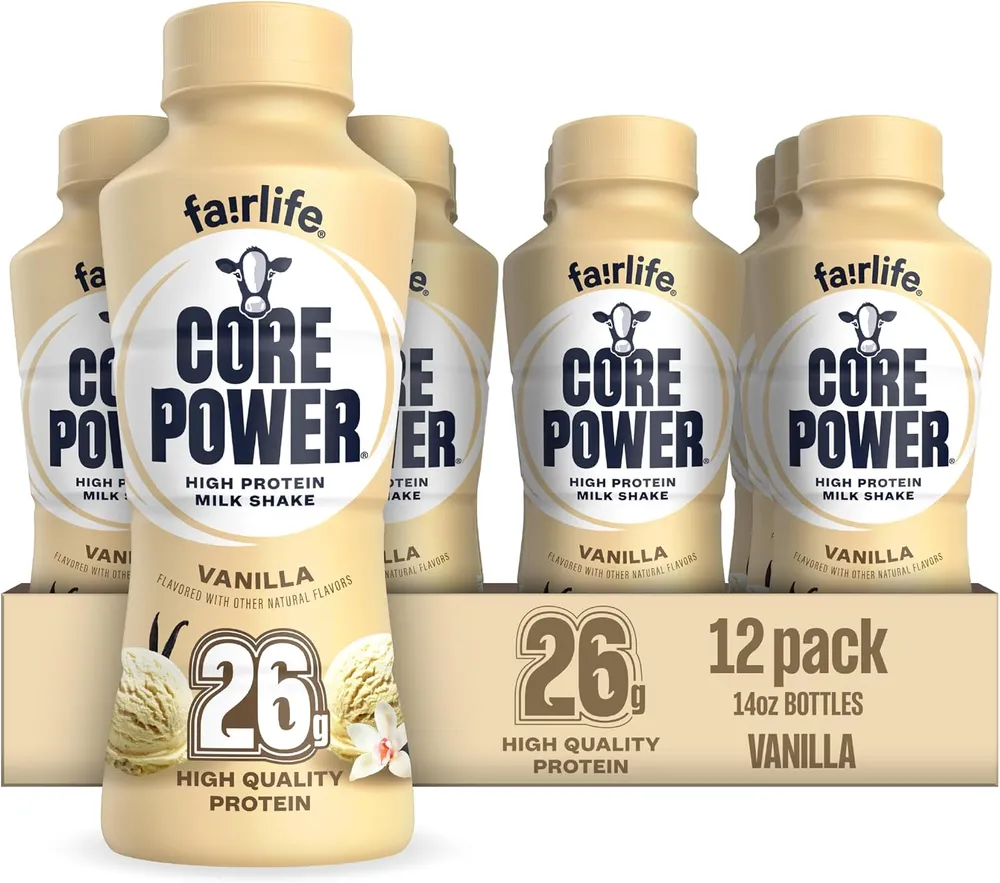 A promotional product image shows a vanilla-flavored fairlife Core Power High Protein Milk Shake bottle in front of a 12-pack display of matching bottles