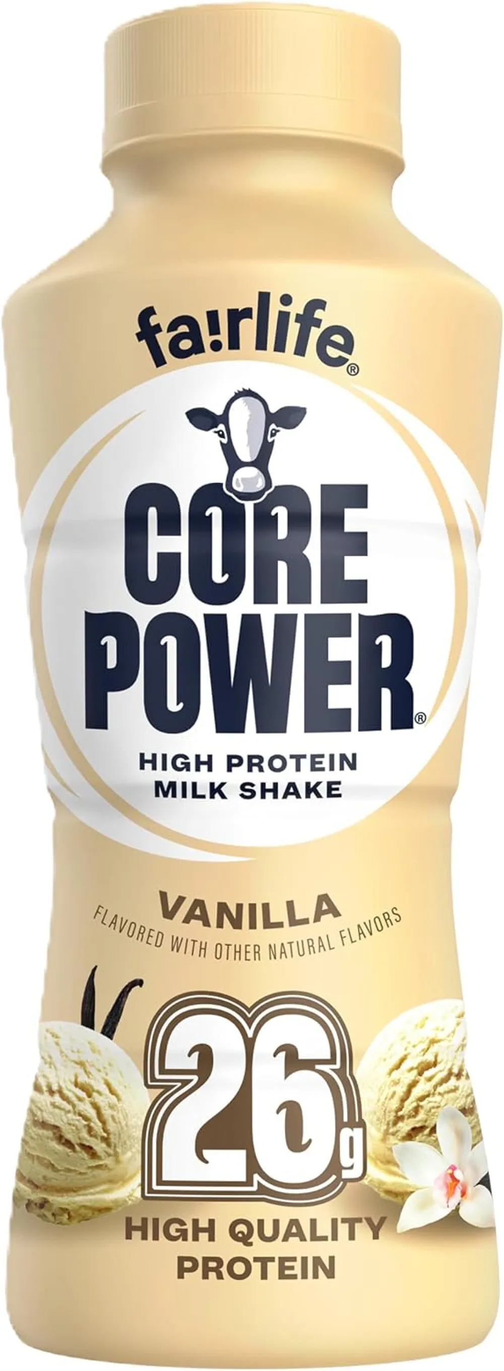A cream-colored bottle of fairlife CORE POWER High Protein Milk Shake, with VANILLA and a large 26g callout legible on the front