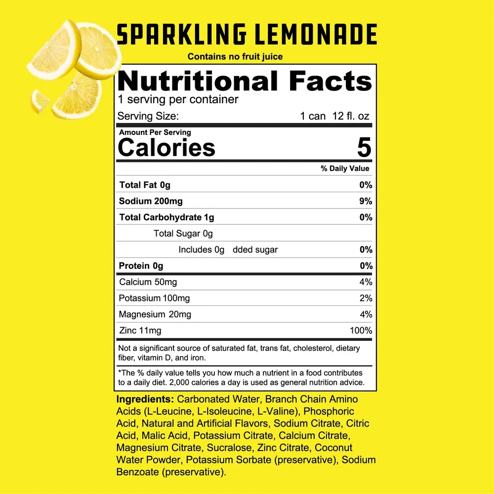 Cutler Amino5 Sparkling Lemonade can showing ingredient and vitamin details