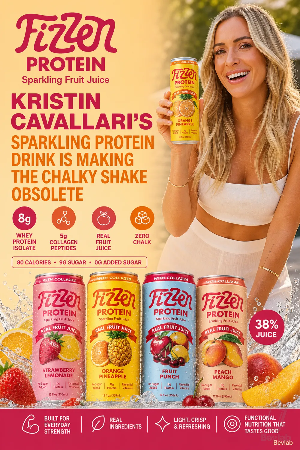 Kristin Cavallari holding a can of Fizzen Sparkling Fruit Juice Protein