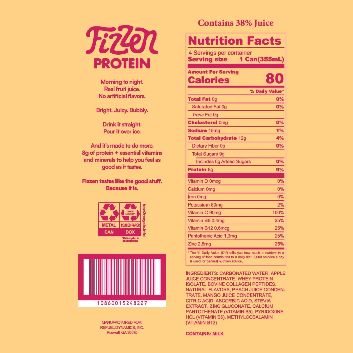 Fizzen Sparkling Fruit Juice Protein nutrition and ingredients label